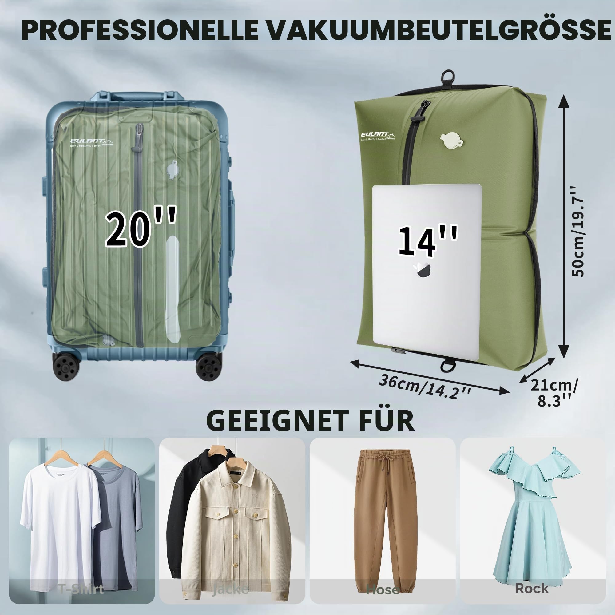 EULANT Wasserdicht Vakuumbeutel für Reisen mit Pumpe, Wiederverwendbare Kompressionsbeutel für Koffer/Gepäck/Rucksack, Vakuumversiegelungsbeutel mit IPX8 Luftdichtem Reißverschluss,Grün*3