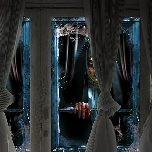 Vista 6 de LOMIMOS Decoración aterradora de Halloween para ventana, cortina de terror de Halloween, tela de monja, decoración de telón de fondo espeluznante