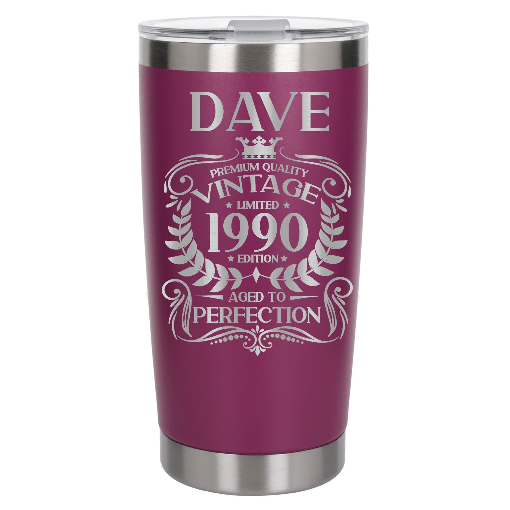 Personalised Birthday Gift Vintage Any Year Aged to Perfection with Name Engraved Insulated Travel Mug Custom Present for Birthday Dark Pink Thermal Coffee Flask Travel Mugs with Lids