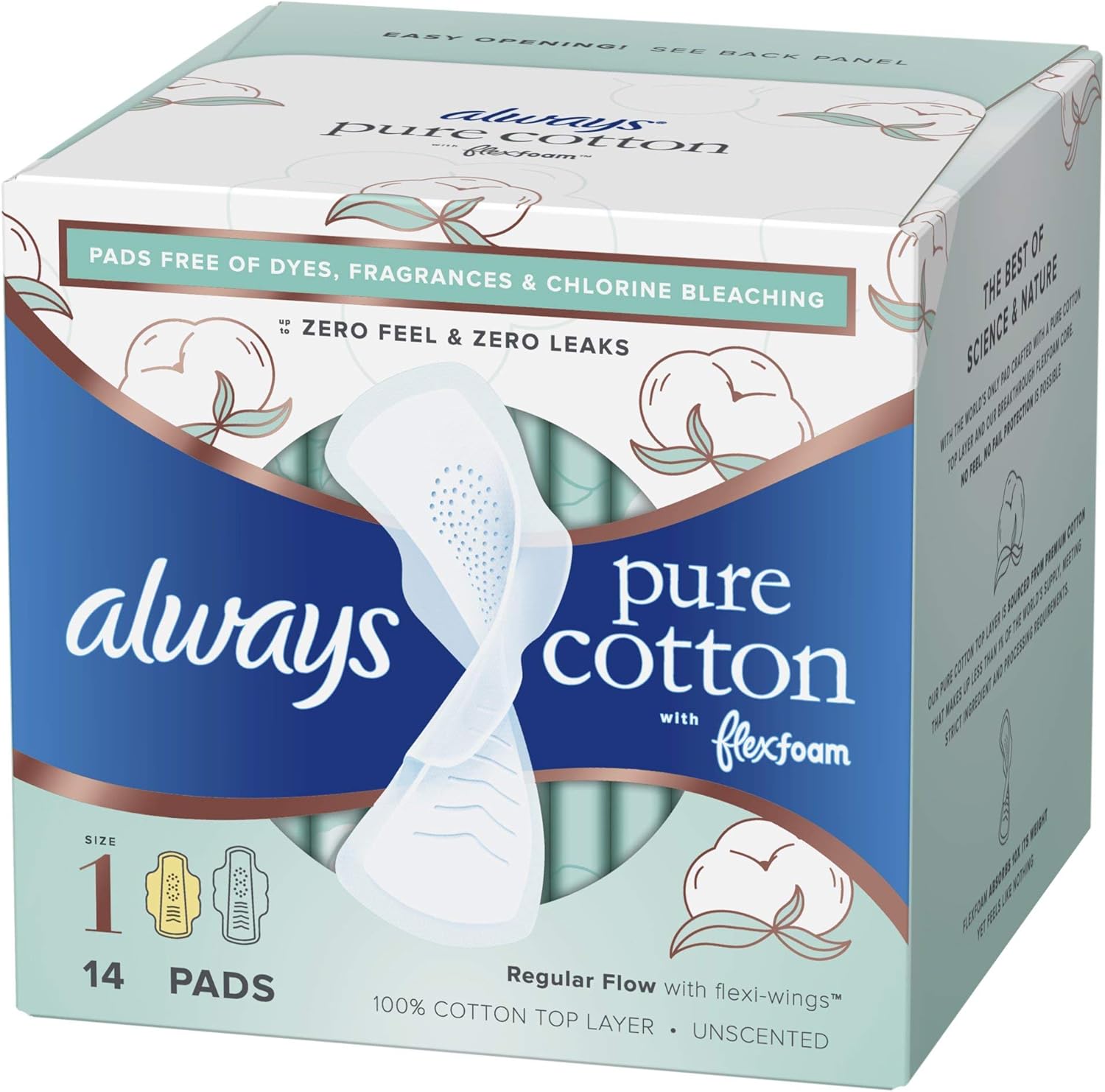 Always Pure Cotton with Flexfoam Pads, Size 1,Regular Absorbency (3 Packs of 14-36 Count Total) Always Pure Cotton with Flexfoam Pads, Size 1,Regular Absorbency (3 Packs of 14-36 Count Total)