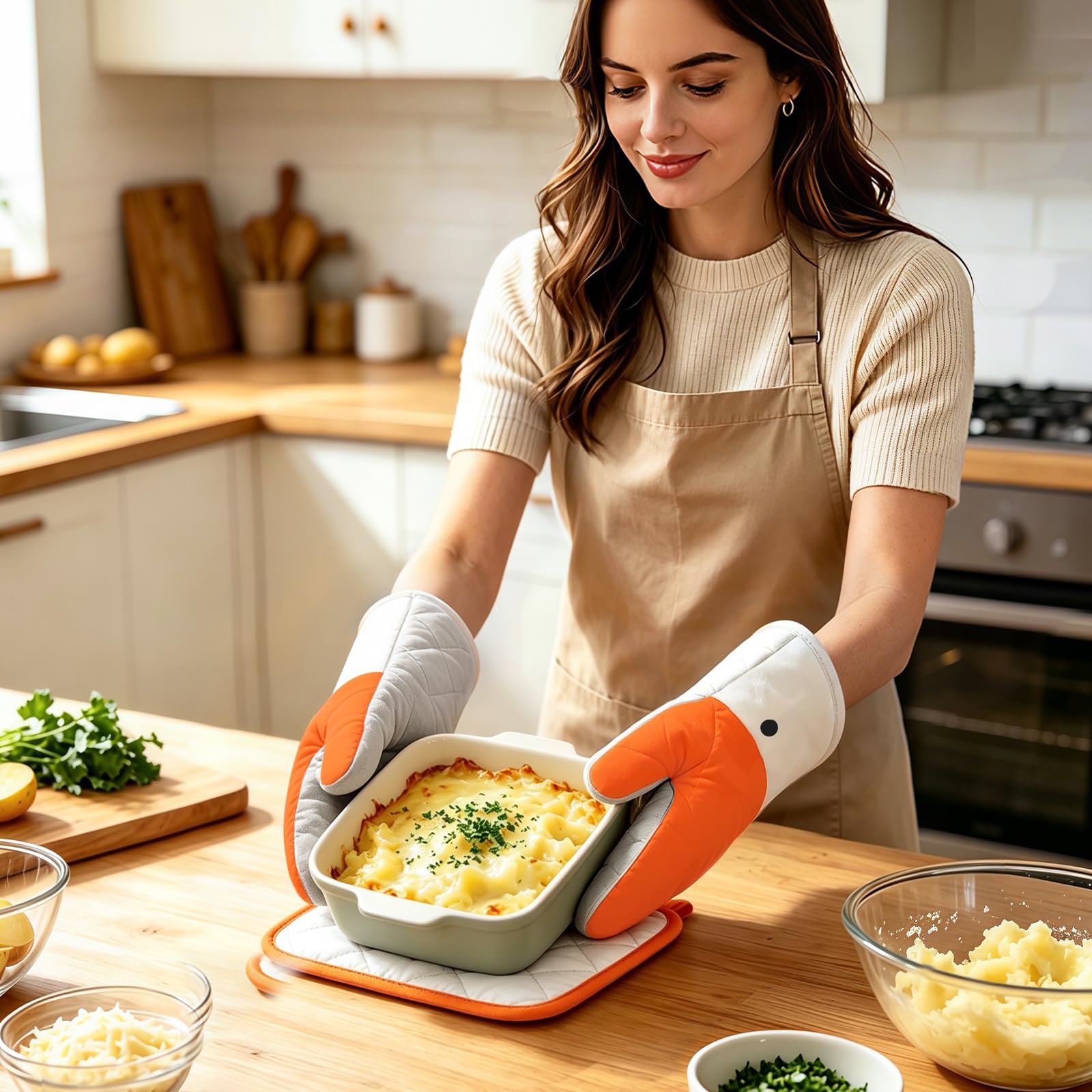 Goose Ofenhandschuhe und Topflappen, 4-teiliges Set, hitzebeständige Küchenhandschuhe, lustige Tier-Ofenhandschuhe, recycelte Baumwollfüllung, Silikon, rutschfeste Handschuhe zum Kochen, Backen