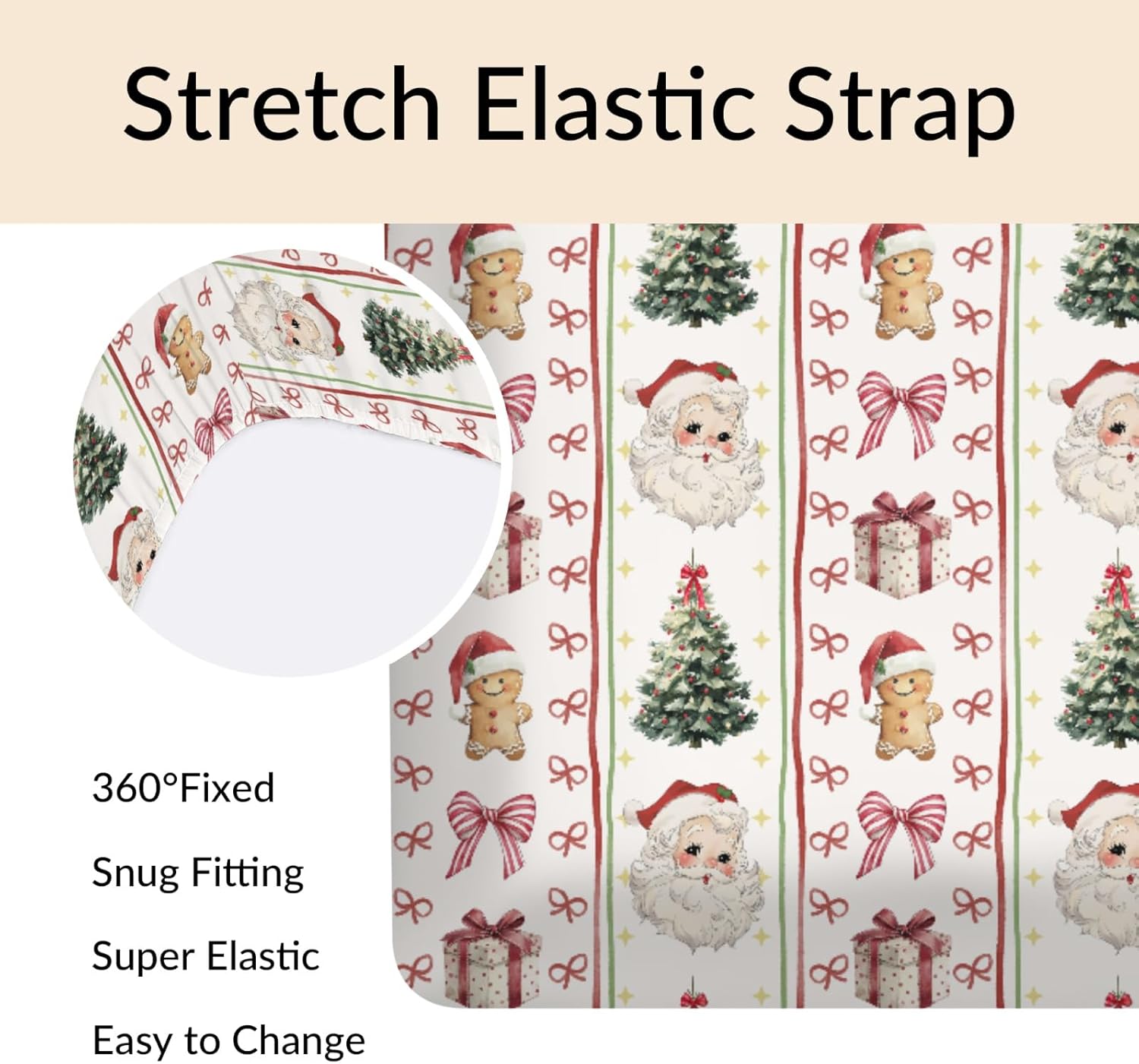 Vintage Santa Christmas Baby Crib Sheets Cute Santa Claus Christmas Trees Gift Cookie Bows Baby Sheet Winter Festive Holiday Fitted Crib Mattress Cover for Standard Crib Toddler Mattress 28"x52"