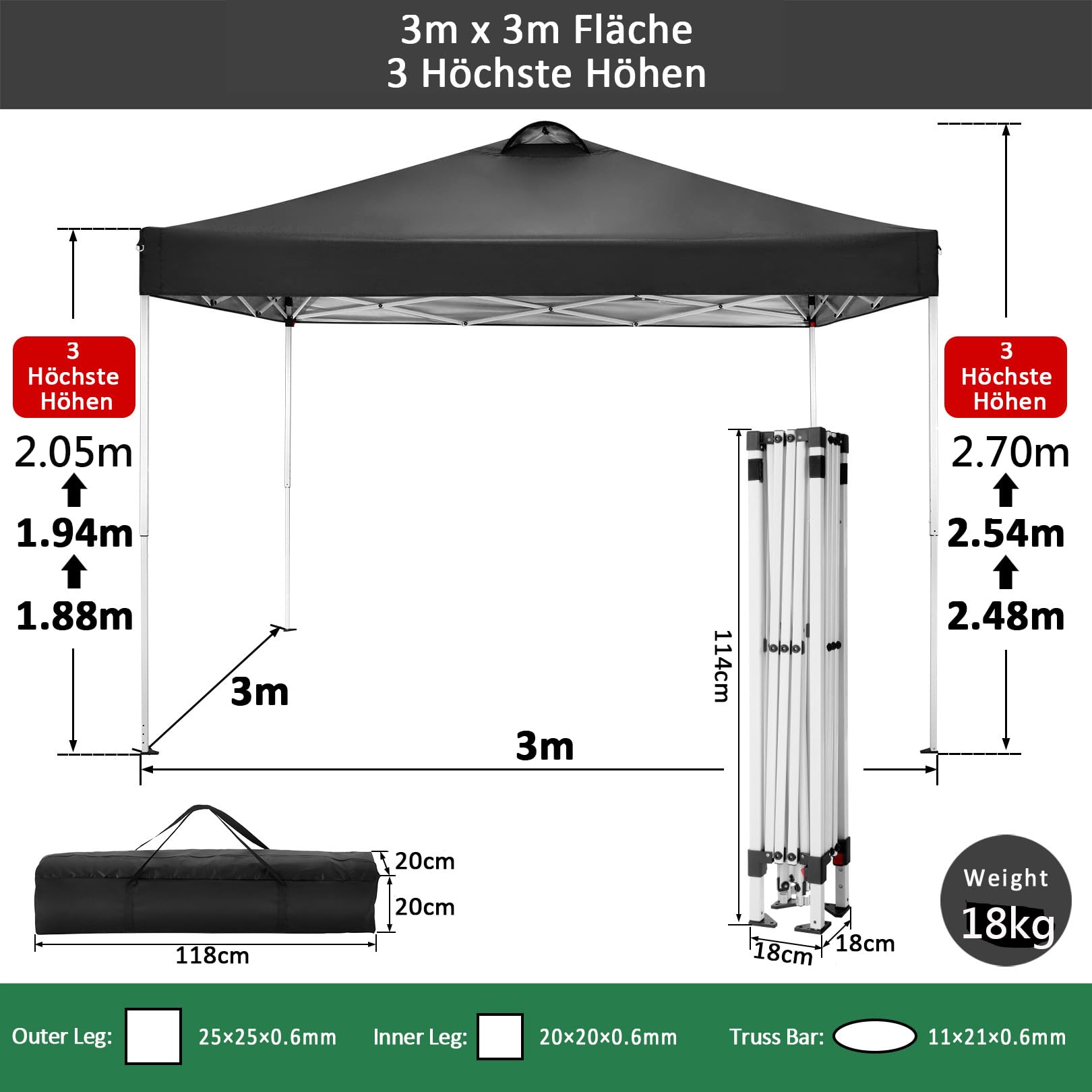 COBIZI Pavillon 3x3m Wasserdicht Stabil Winterfest Faltpavillon Partyzelt Gartenpavillon mit Entlüftung, 4 Seitenteilen, 4 Sandsack, Höhenverstellbar, Pop up Faltbar Gartenzelt, Schwarz