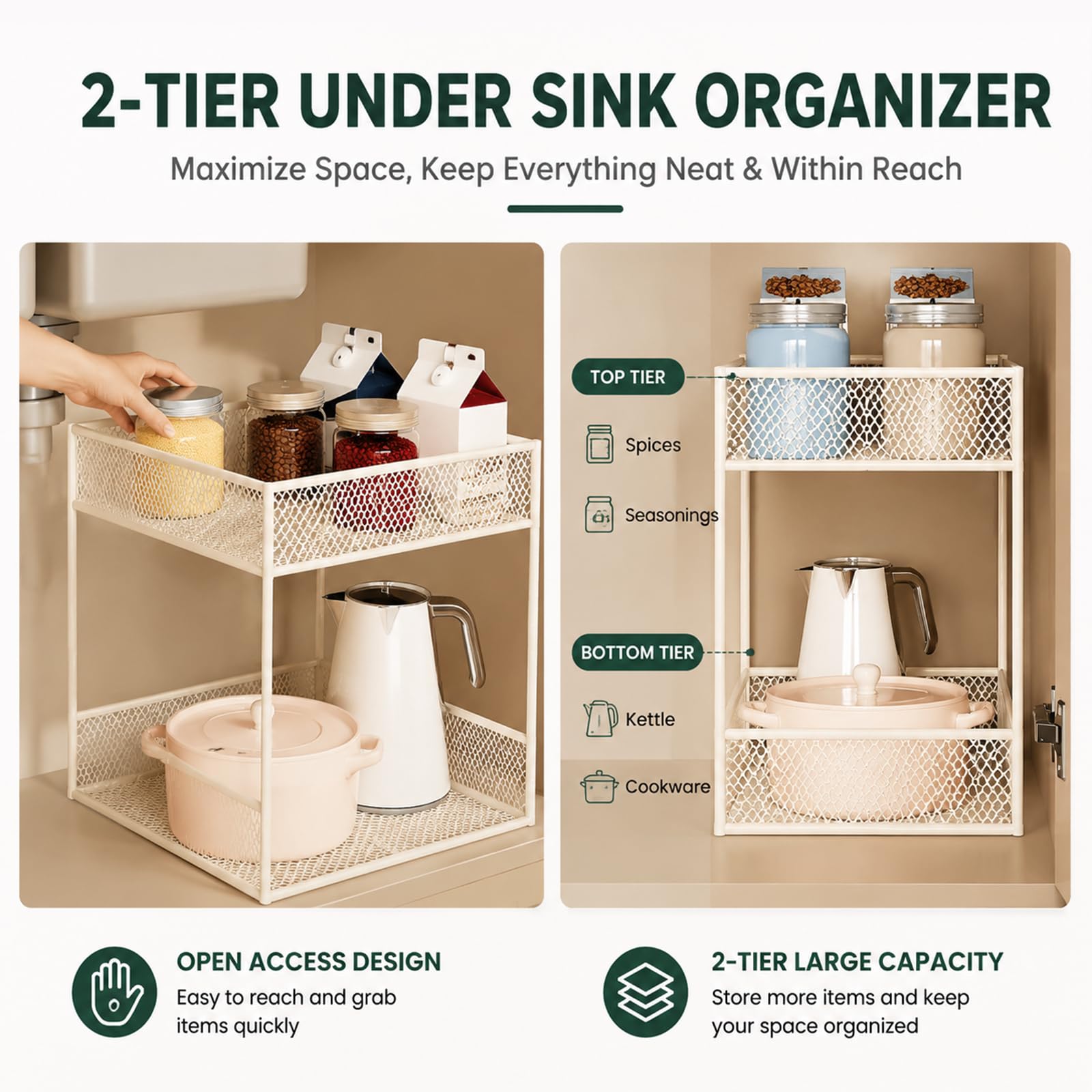 Organizador Bajo Fregadero Cocina, Estante con Cestas de Malla Elegante y Barandillas Elevadas, Almacenamiento Compacto para Cocina, Baño, Sala de Estar y Despensa black 7.8x15.7x13.7in/20x40x35cm