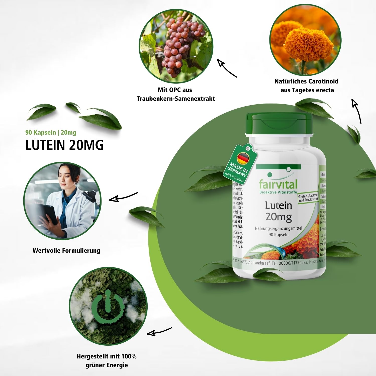 fairvital Lutein 20mg + Zeaxanthin, 90 Kapseln, schluckfreundlich, Hochdosiert & mikroverkapselt, VEGAN, ohne Magnesiumstearat