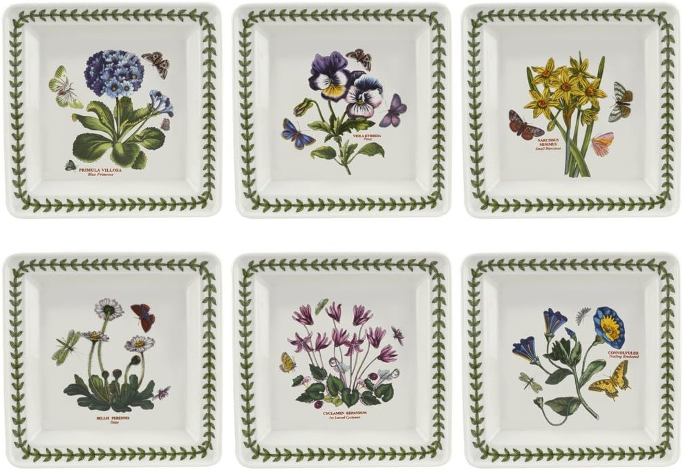 Portmeirion Botanic Garden 7" Square Plates - Set of 6 | Assorted Floral Motifs | Porcelain | Chip Resistant Glaze | Dishwasher, Microwave, Freezer, Oven Safe