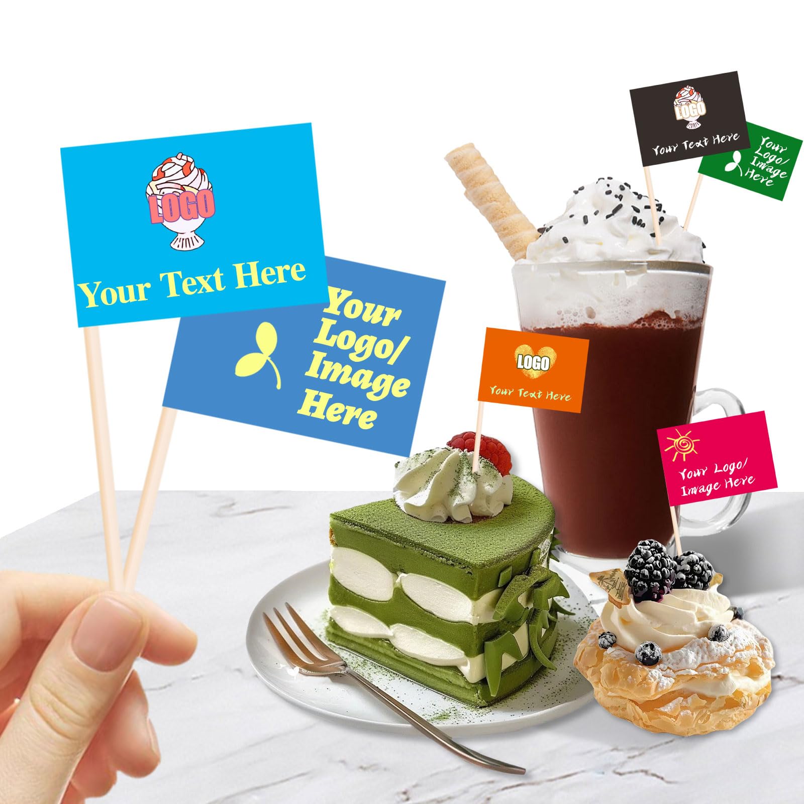 Personalised Toothpick Flags with Logo/Photo 100Pcs, Personalised Cheese Markers for Hamburger Cupcakes Toppers Party Decoration Food Labeling (Style 2)