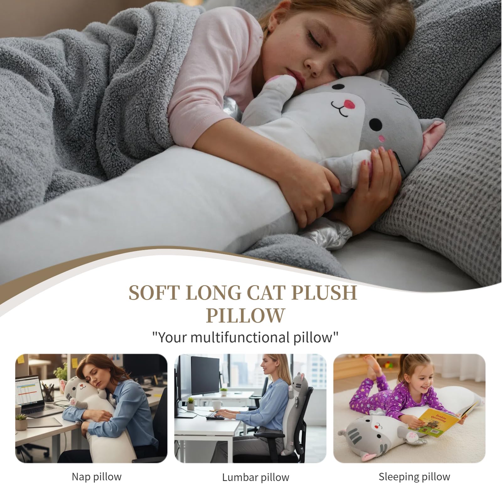 Aiuidun 35.4" Long Cat Plush Pillow with Wings, Super Soft Stuffed Animal for Kids & Adults - Image 4