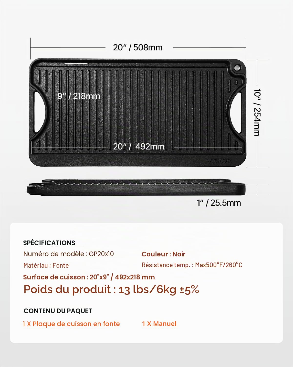 VEVOR Plaque de cuisson réversible en fonte, 492x218 mm, plaque-gril pré-assaisonnée portable avec poignée, poêle à griller pour brûleur de cuisinière intérieur/extérieur, gaz, barbecue camping, noir