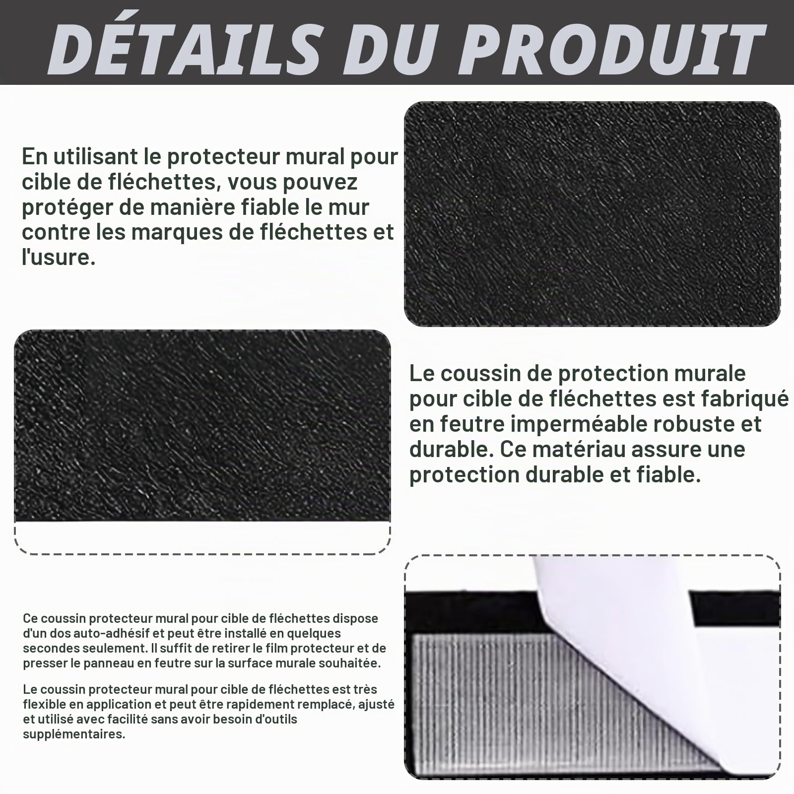 Cible de Fléchettes Protection Murale : Lot de 6 Bordures de Cible Autocollantes Noires, 600 x 900 x 12 mm, Feutre