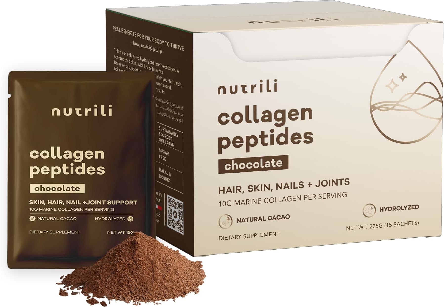 Nutrili Marine Collagen Peptides Powder, Promotes Hair, Nail, Skin, Bone and Joint Health, Chocolate (15 Sachets)