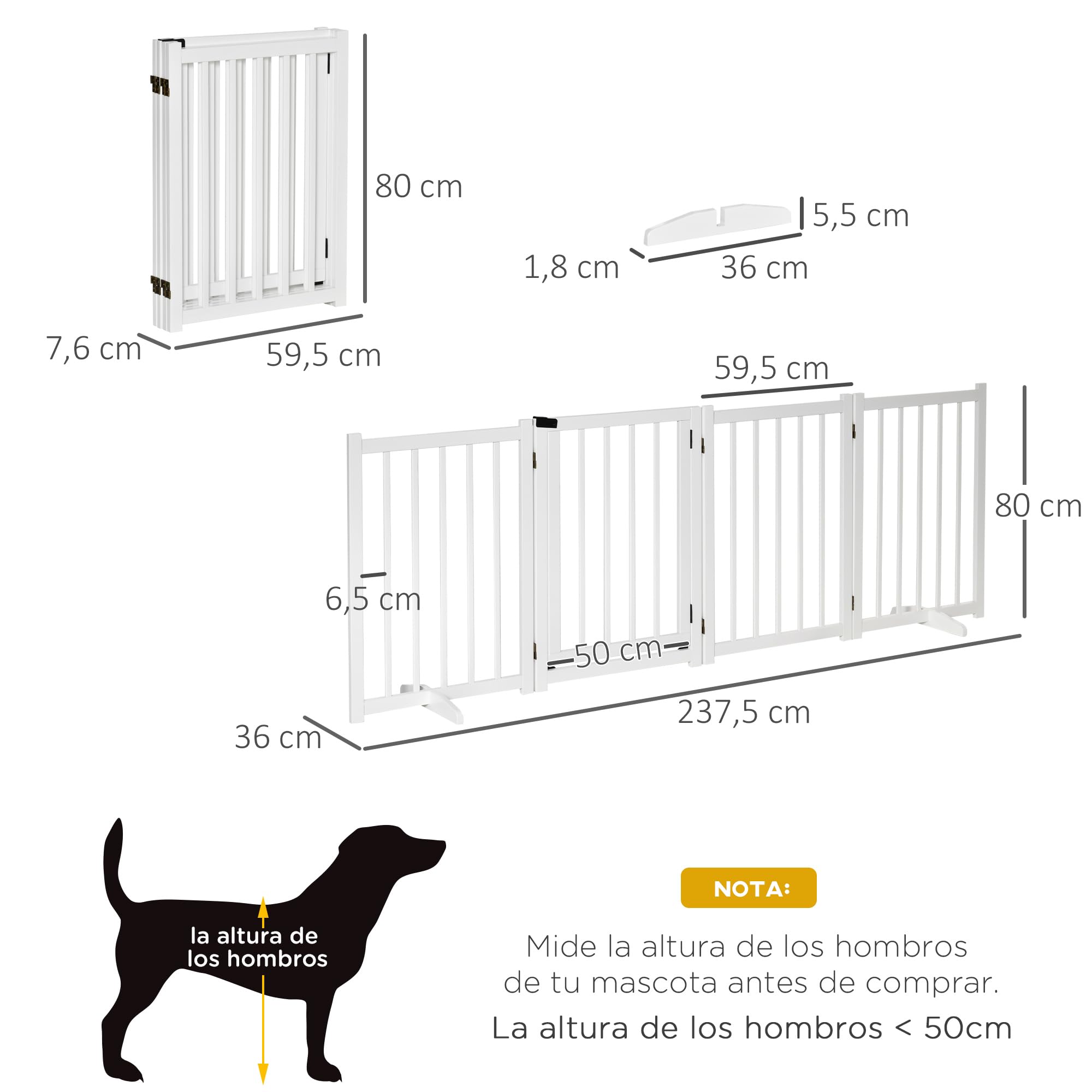 PawHut Barrera para Perros Plegable 4 Paneles Puerta 237,5x36x80 cm Blanco | Valla para Perros Pequeños y Medianos, Barrera de Seguridad de Madera, para Escaleras Pasillos