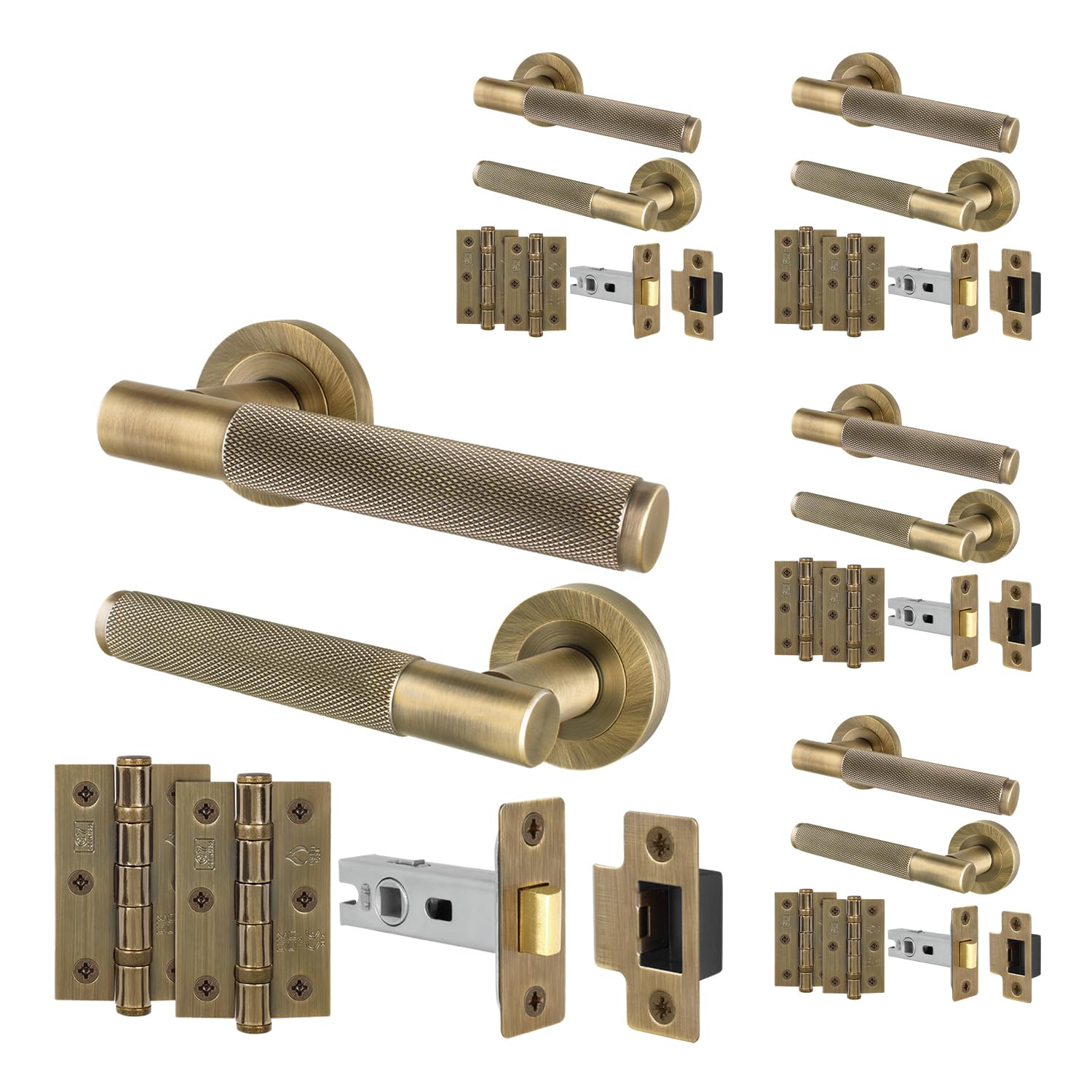 Eai Antique Brass Door Handle Latch Set, Internal Door Handle With 64Mm Latch And 76Mm Hinges, Varri Range 5 Pack