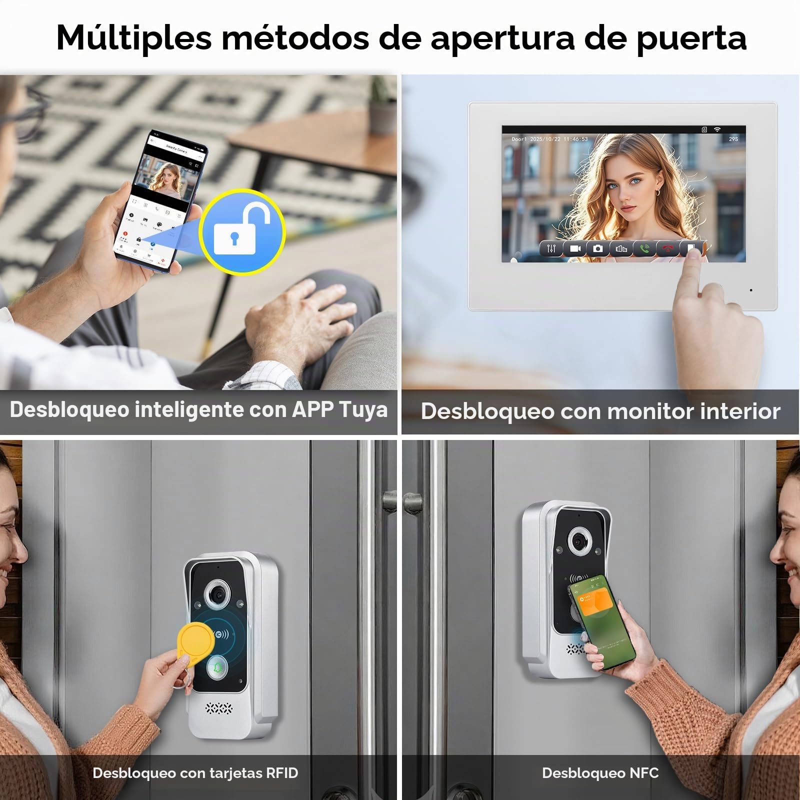 Videoportero WiFi 2 Hilos, 1080P Sistema de Videotimbre Inteligente con cable, Pantalla Táctil IP de 7" y Cámara, Detección de Movimiento, Audio Bidireccional, Desbloqueo por Tuya APP/RFID