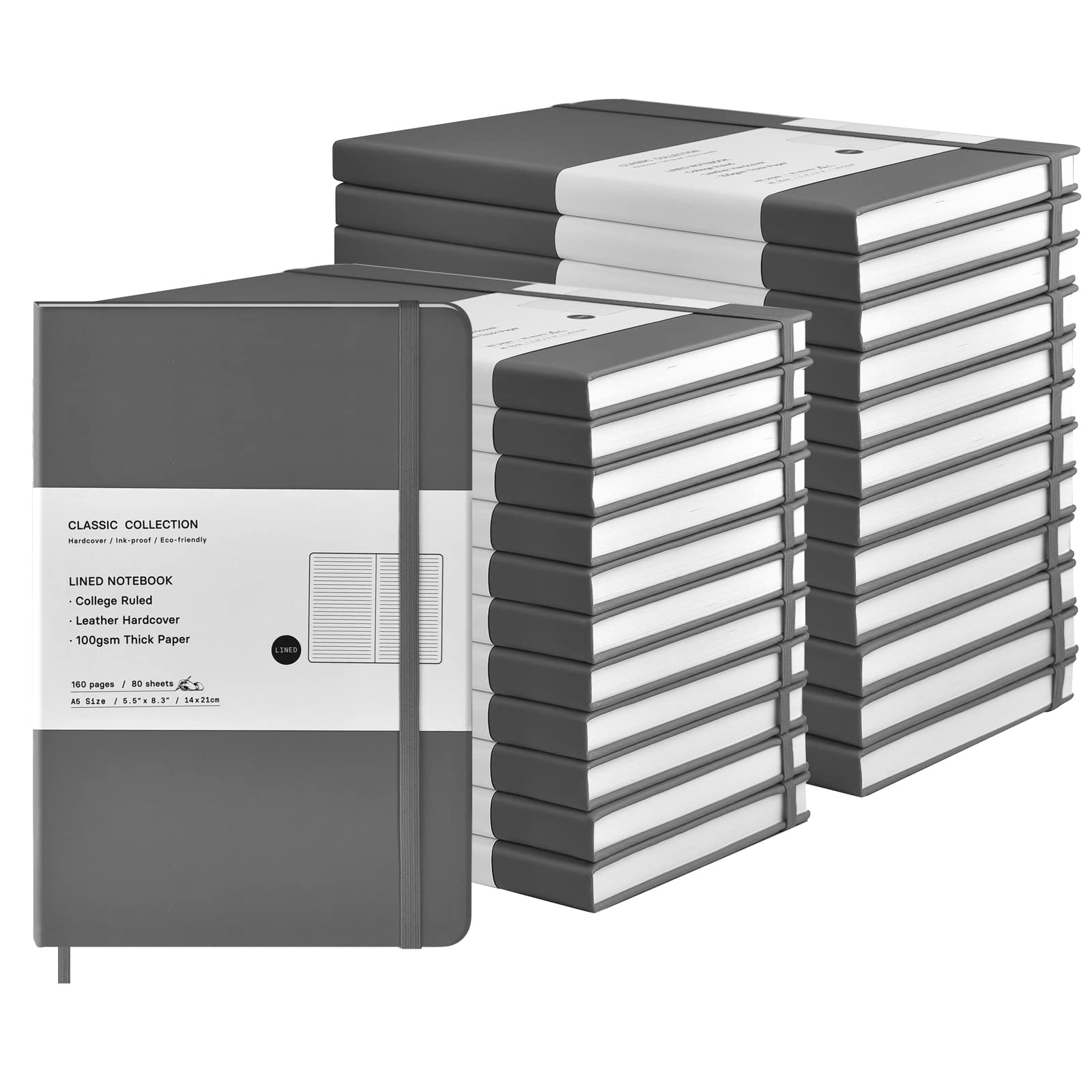24 Stück A5 Tagebuch-Notizbücher, klassisch, liniert, Hardcover, Kunstleder, liniert, Tagebücher für Büro, Zuhause, Schule, Business, 21,1 x 14 cm, 100 g/m² dickes Papier, 160 Seiten (grau)