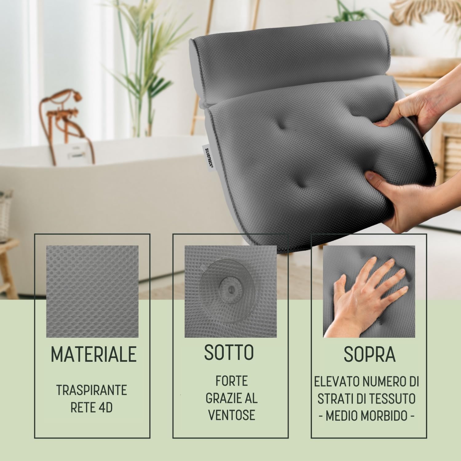 SilverRack Cuscino da bagno MEDIAMENTE MORBIDO [Grigio 3D] - Cuscino per il collo per vasca da bagno con ventose come accessorio per vasca da bagno - Cuscino per vasca da bagno