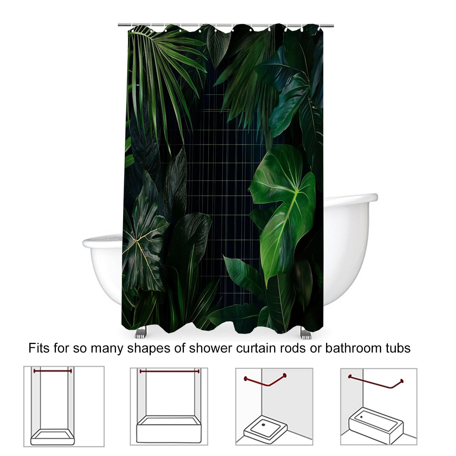 Cortina de Ducha con impresión Digital de Tropical Plantas Cortina de Baño con Cuadrícula Hojas,240x200cm Impermeable Cortinas de Ducha con 12 Ganchos Tela de poliéster para baño