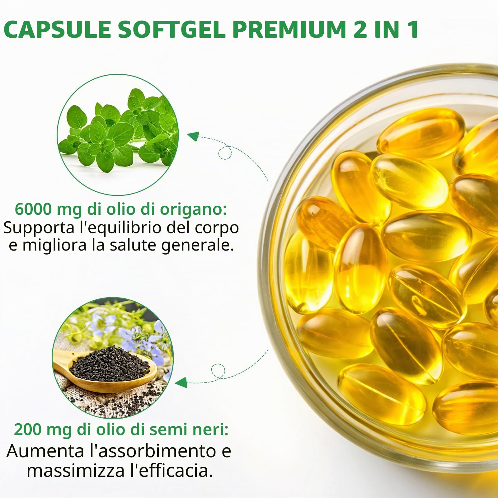 Olio di Origano Capsule, 240 Capsule molli, Olio di origano con olio di semi neri, Spremuto a freddo | Non OGM