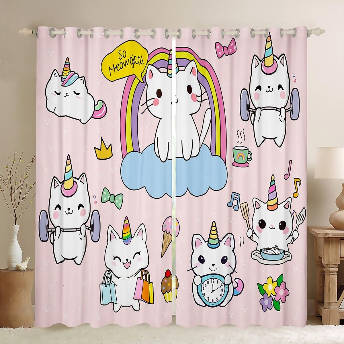 Feelyou Unicorn Cat Curtains for Bedroom Living Room Cartoon Unicorn Printed Blackout Curtains for Kids Girls Cute Kitten Pattern Windows Drapes Rainbow Unicorn Curtains,42 X 63 Inch,2 Panels