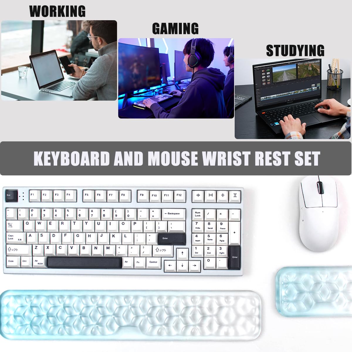 Set poggiapolsi in gel per tastiera e mouse, poggiapolsi ad acqua per tastiera del computer 60%/68%/75%, comfort e supporto per digitare e giocare (sfumatura blu)