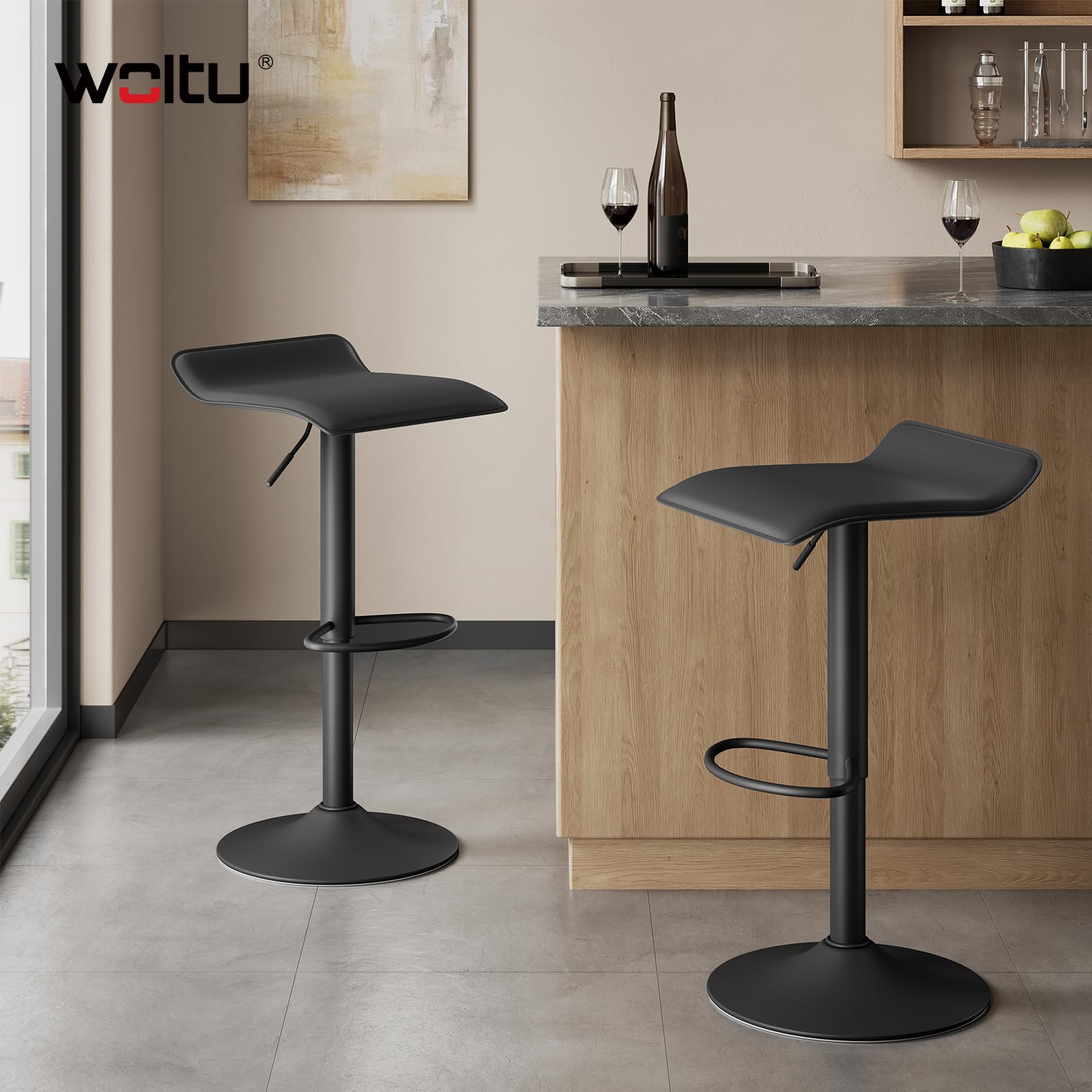 WOLTU Barhocker 2er Set, Höhenverstellbarer Barstuhl, 360° drehbarer Bistrohocker mit Fußstütze, aus Kunstleder Metall, für Bar Küche Theke Café, Schwarz+Schwarz