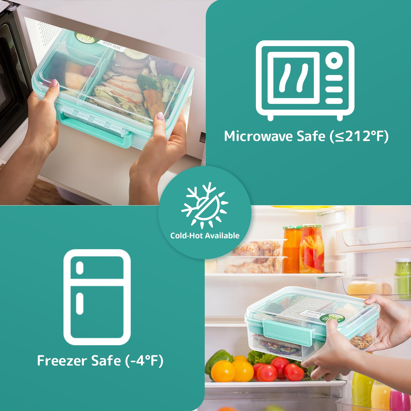 Recipientes reutilizables para preparación de comidas, caja bento para adultos, lonchera Bento con 2 bandejas extraíbles y recipiente para aderezo de ensalada, tamaño de 56 onzas/1.65 L (verde