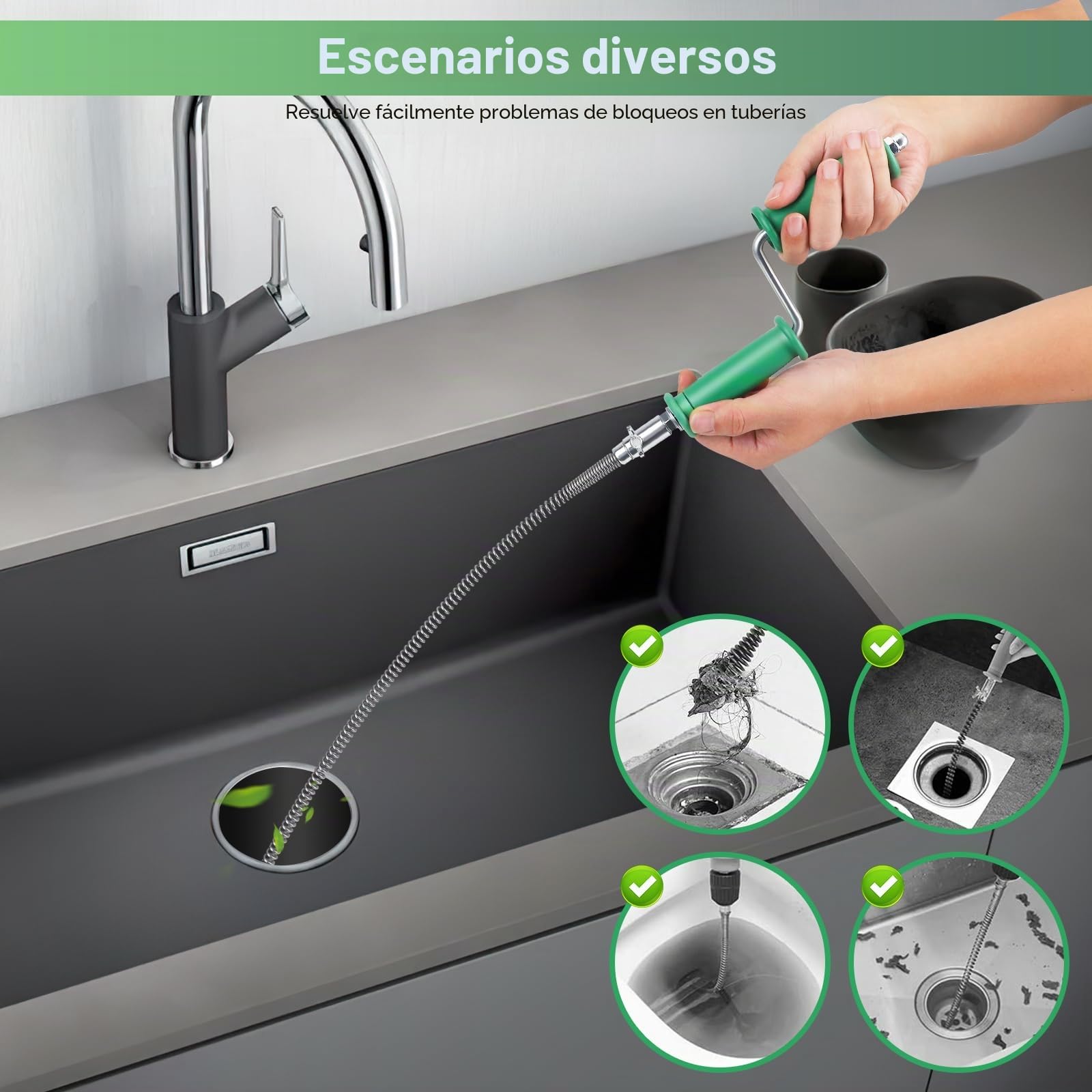 Alambre Desatascador Tuberias,10M*10mm Cable Desatascador Tuberias Fregadero Espiral de Limpieza Profesional con Adaptadores Eléctricos Manuales Fregaderos Cocina Cañerias Desagües Inodoros Obstruidos