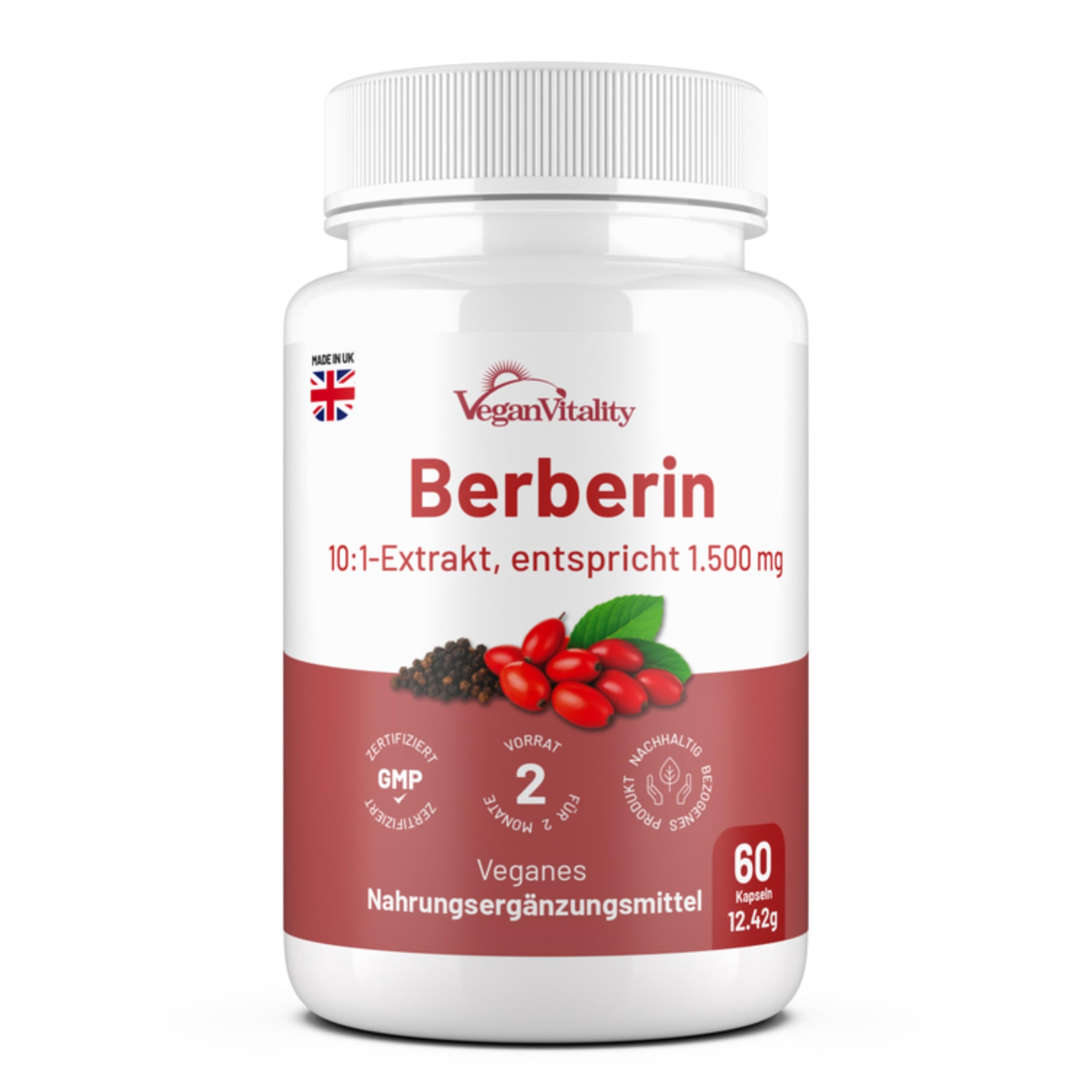 Berberine Hochdosiert 1500 mg – Berberin Kapseln mit schwarzem Pfeffer, 60 Kapseln, 2-Monatsvorrat – hergestellt im Vereinigten Königreich