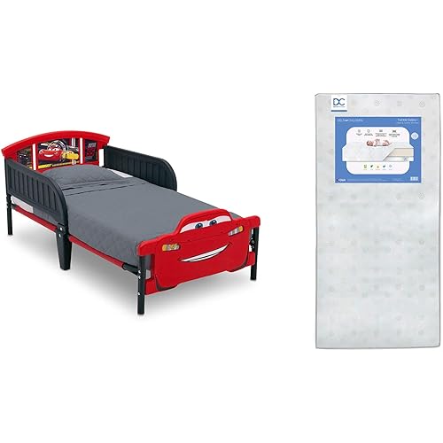 Delta Children 3D-Footboard Toddler Bed, Disney/Pixar Cars 3 Twinkle Galaxy Dual Sided Recycled Fiber Core Toddler Mattress (Bundle)