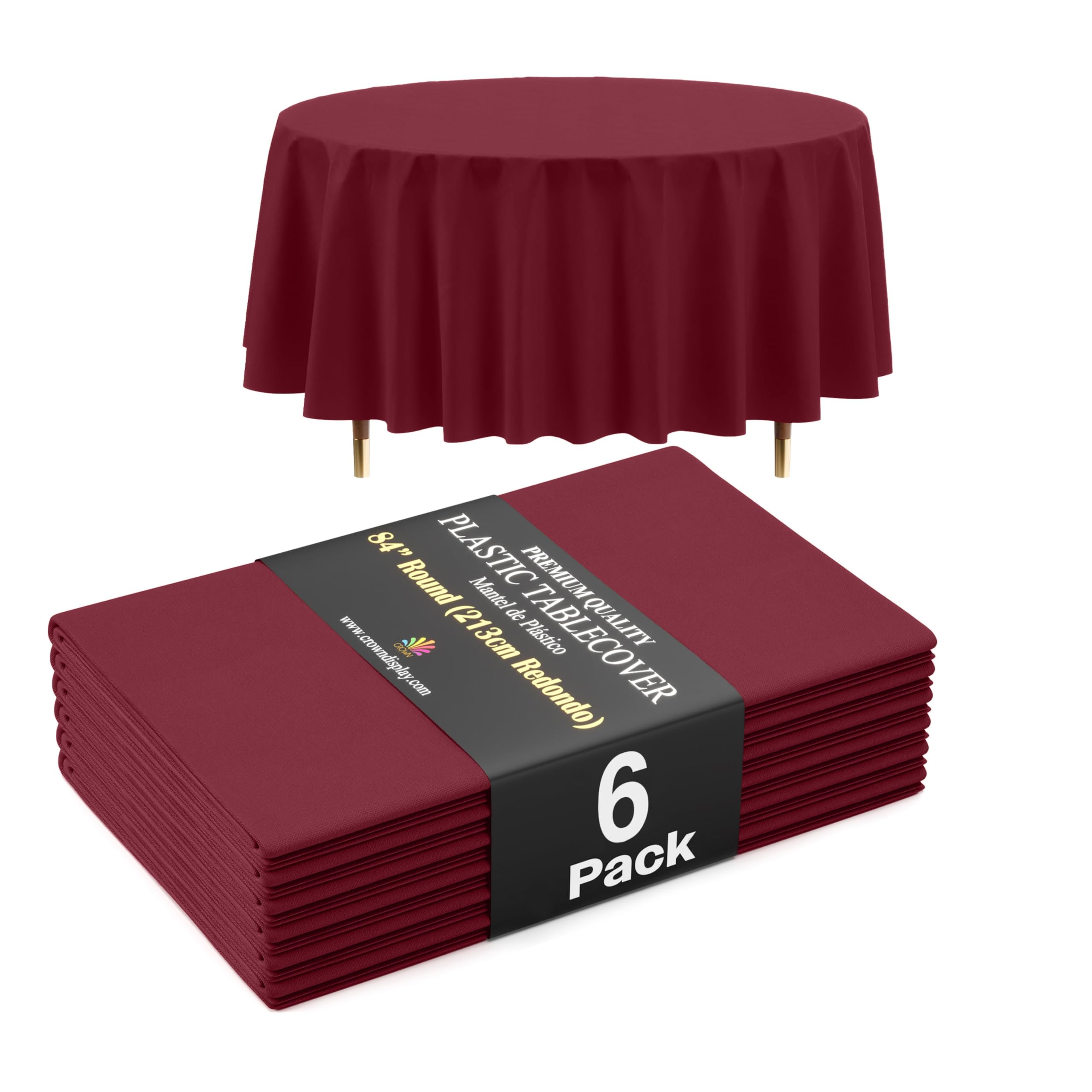 Exquisite 66% Thicker Premium Burgundy Round Tablecloth 0.5 Mil 6 Pack Plastic Table Cloth 84 Inch Round Plastic Tablecloth Won't Tear Easily Like Cheap Thin Brands
