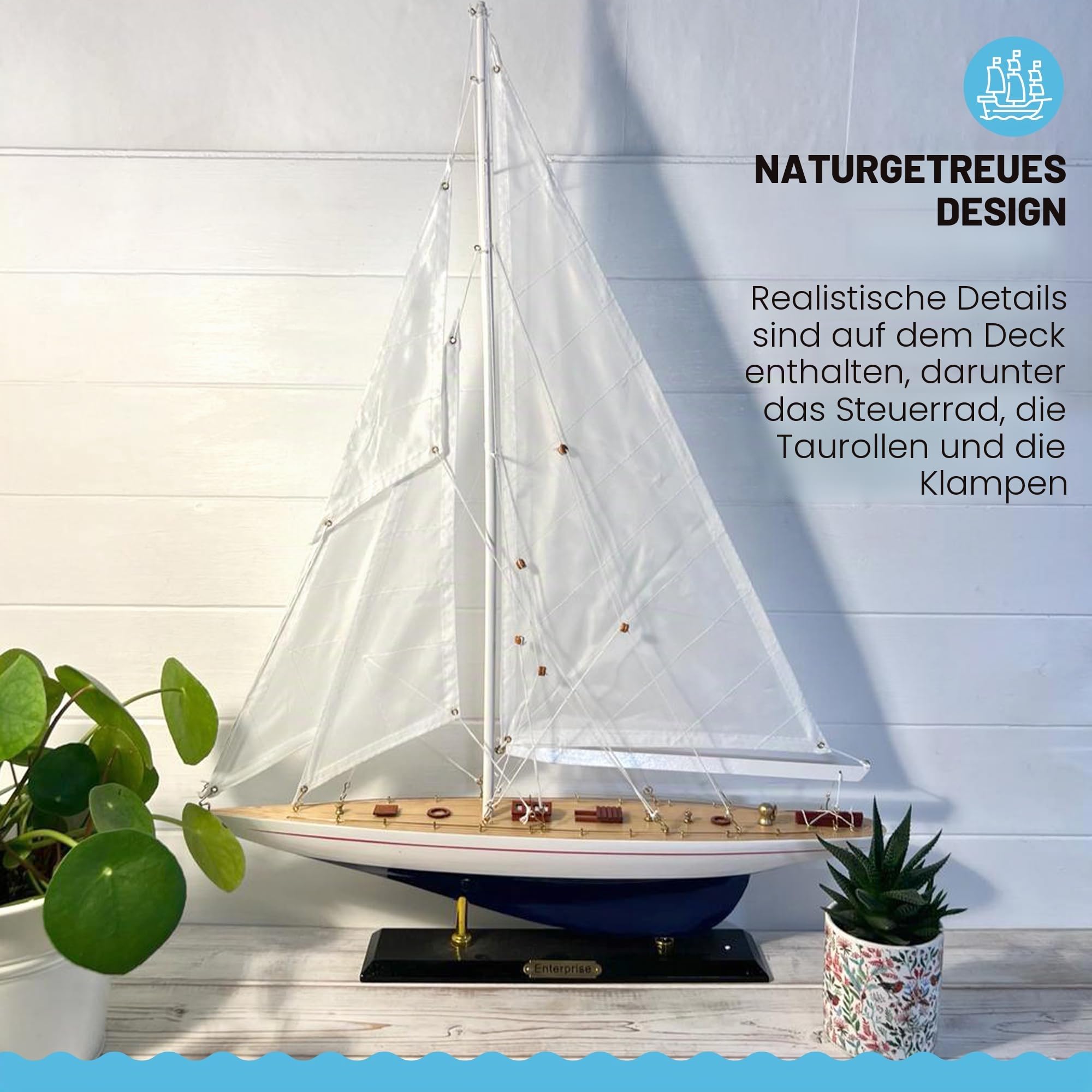 Thorness Detailliertes 50 cm langes Holzmodell Enterprise J Class Segelyacht | Americas Cup Racing Yacht | nautisches Ornament | Segelbootmodell | Enterprise Segelschiff-Modell | Komplett montiertes