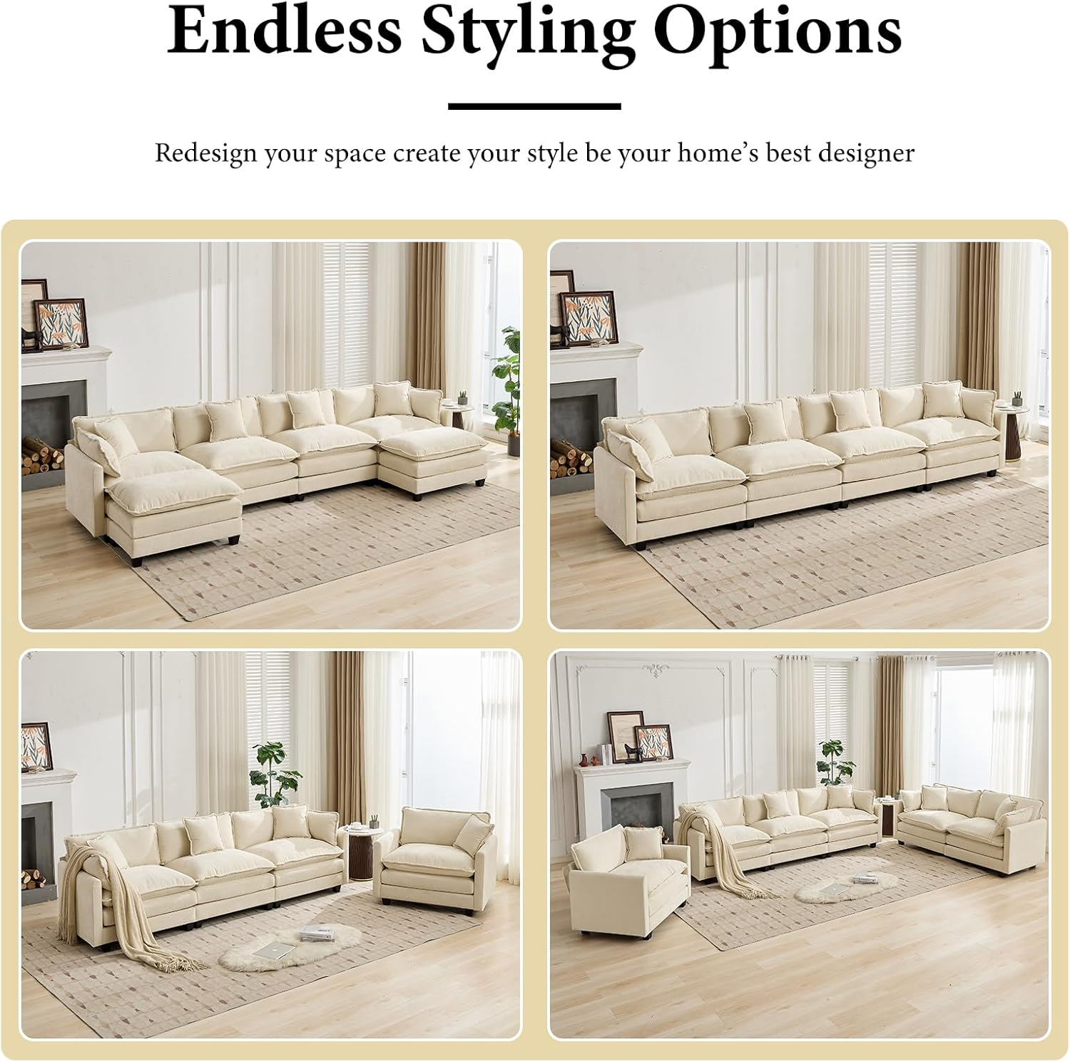 76.7" Oversized Loveseat Sofa, Ivory Off-white 2 Seater Large Sectional Couches for Living Room, Chenille Fabric Modular Sectional Sofa with Ottoman, Modern Sofas Set, Beige Love Seat Couches