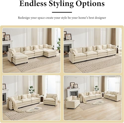 Miniatura 8 de Sofá seccional modular beige de 111.5", sofás seccionales grandes de 3 plazas para sala de estar, tela de chenilla marfil blanquecino, sofá nube de