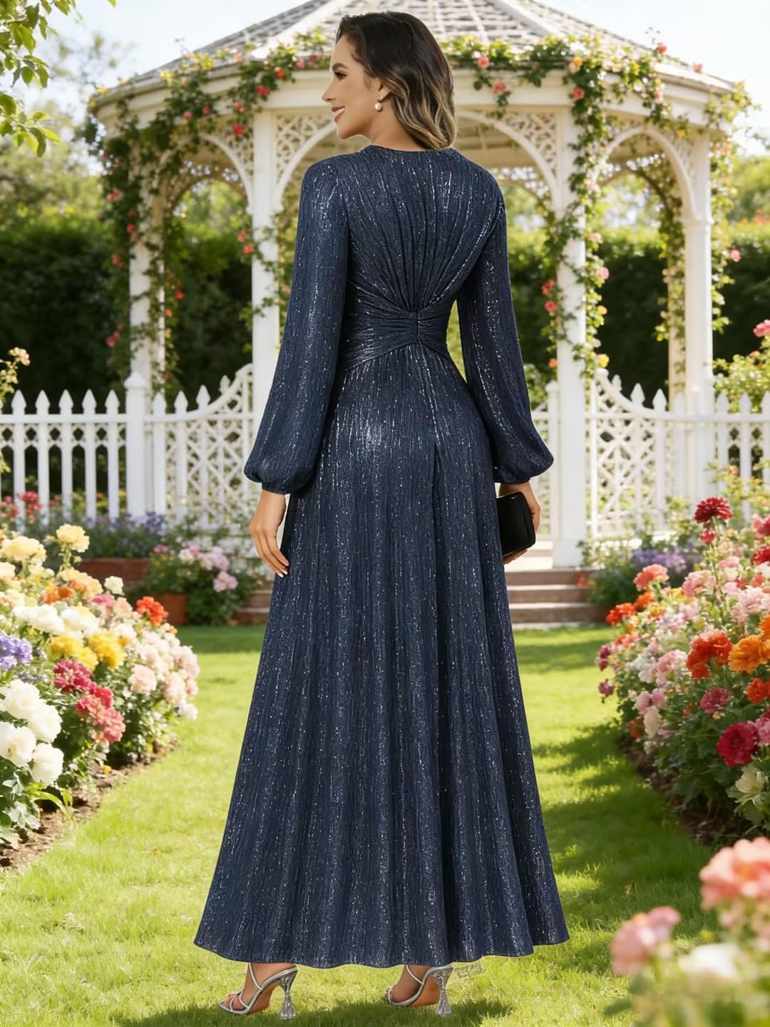 Women's V Neck A-Line Formal Wedding Guest Dresses Long Lantern Sleeves Floor Length Glitter Evening Gowns - Image 5