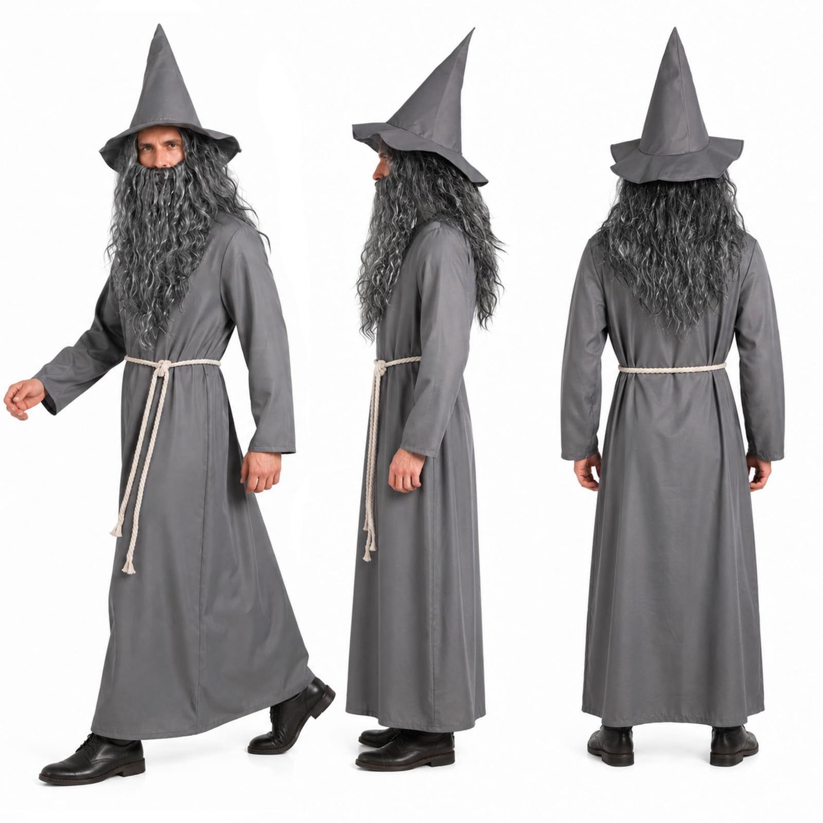Costume da mago grigio, per adulti, per Halloween, 5 pezzi