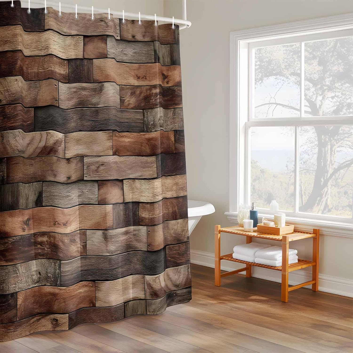 Teamery Shower Curtains Sets for Bathroom Decor Farm Brown Wooden Plank Waterproof Bathroom Curtain with Hooks, Retro Country Wood Grain Quick Dry Bathtub Curtain 72x72in