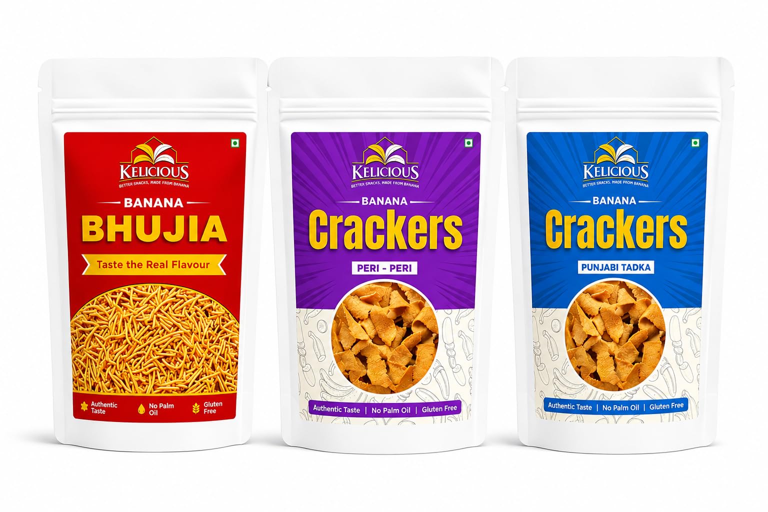 kelicious banana snacks combo pack | banana bhujia | banana crackers (peri-peri) | banana crackers (punjabi tadka) | no palm oil | naturally gluten free | pack of 3