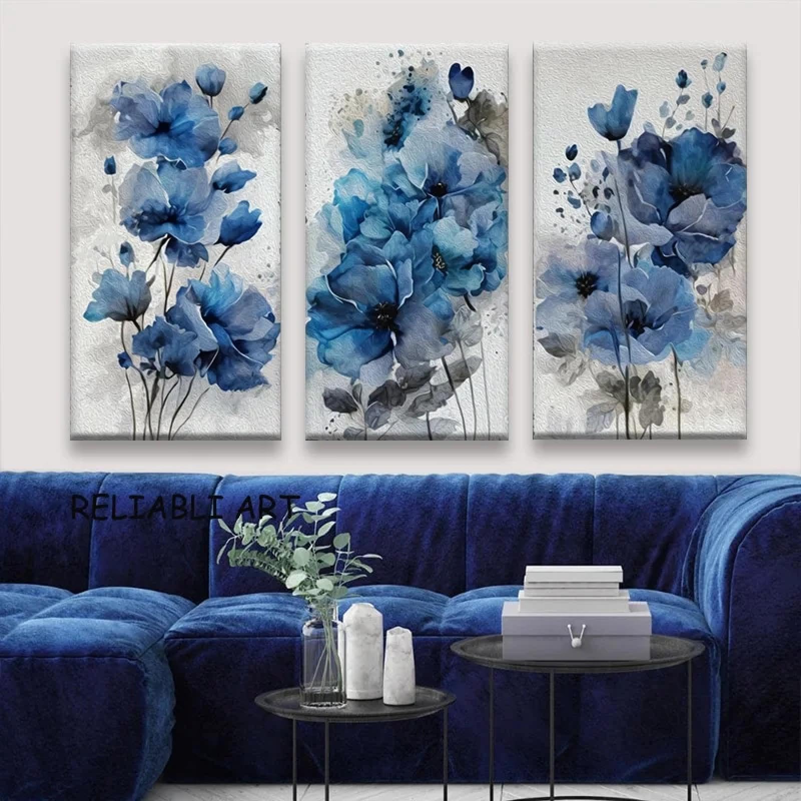 Toile triptyque fleur bleue nordique pour salon moderne 55x110 - 6