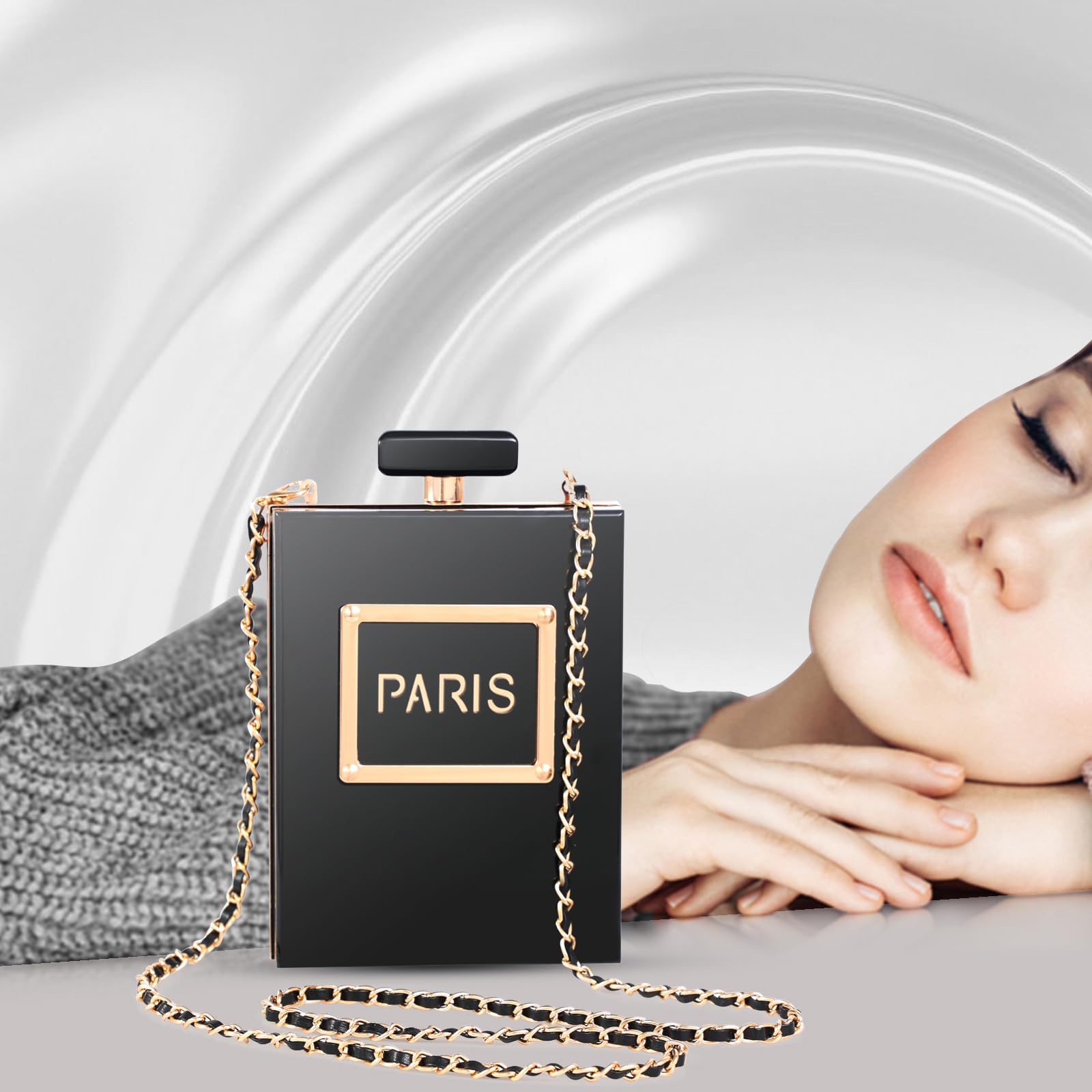 WJCD Sac à main pour femme en acrylique noir en forme de parfum