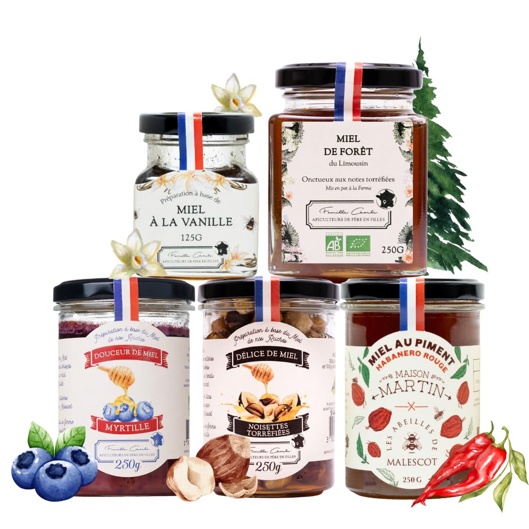 Les Abeilles de Malescot – Assortiment Gourmet de 5 Miels gourmets – Forêt, Vanille, Noisettes, Piment, Myrtille – Miels artisanaux et créations gourmandes – 125 g à 250 g
