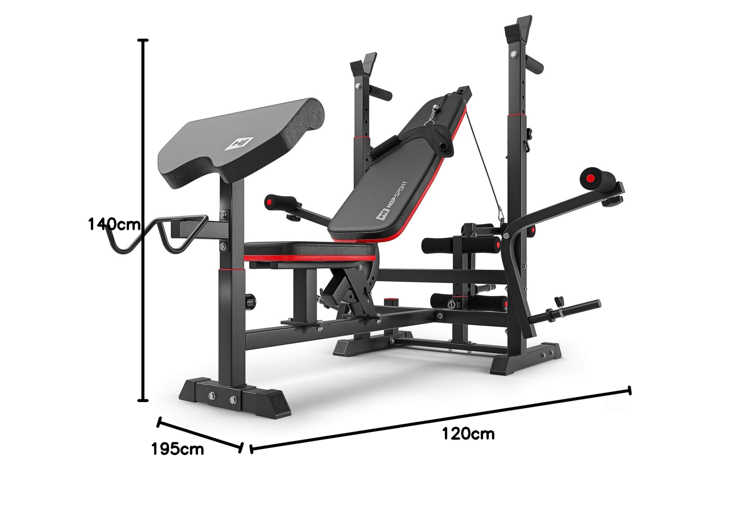 Hop-Sport Hantelbank, Multifunktionale Trainingsbank mit Butterfly, Beincurler & Curlpult, Verstellbare Langhantelständer, Heimfitness Kraftstation, 270 kg Belastbarkeit