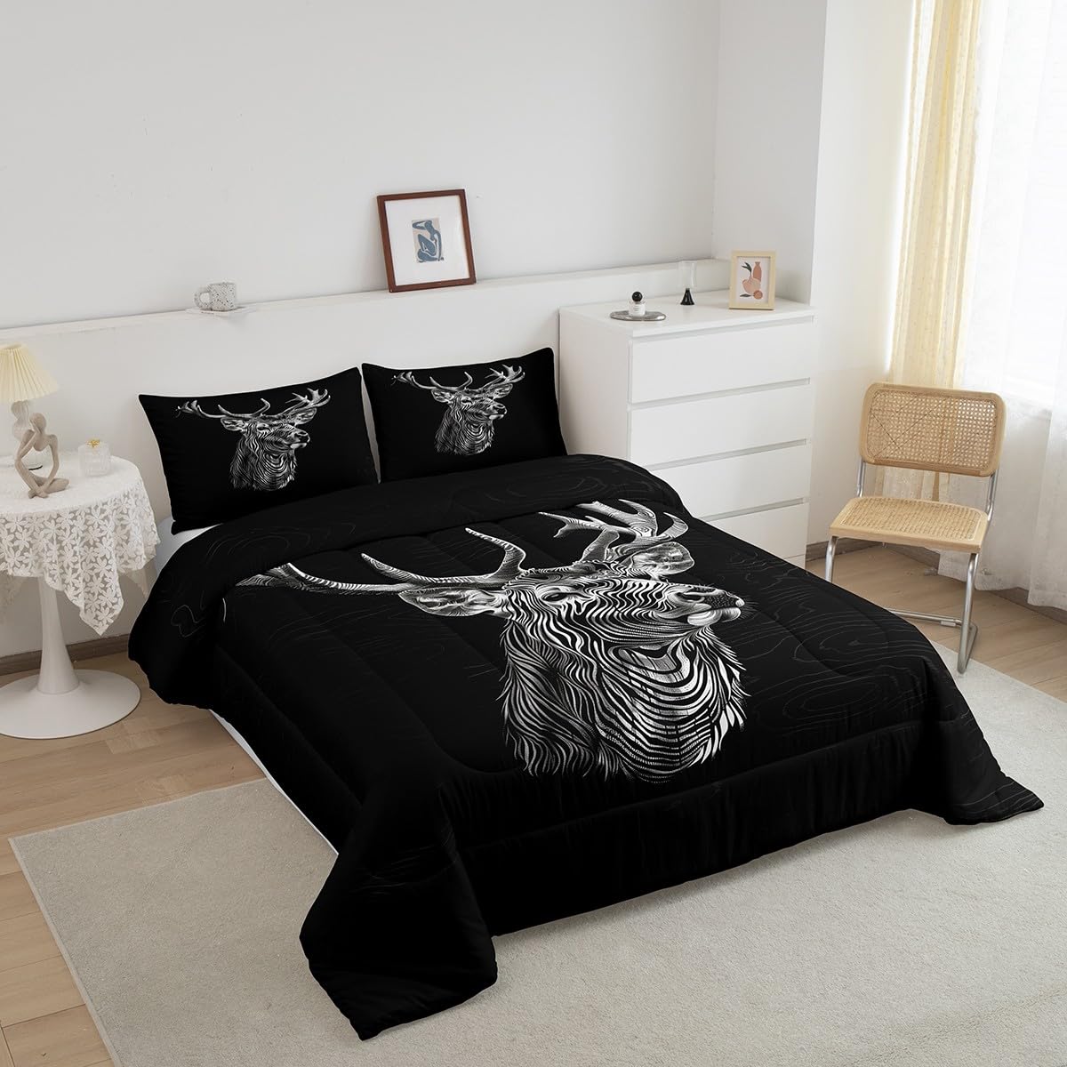 Manfei Deer Antler Bedding Set Queen - Vintage Hunting Theme Comforter & Pillowcases For Kids & Adults
