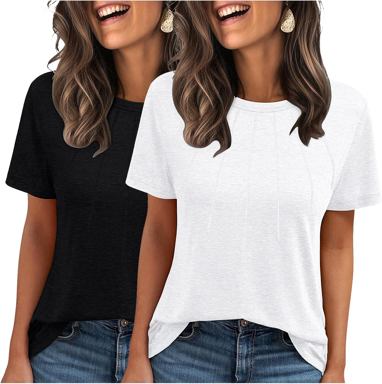2 Pack T Shirts Short Sleeve Crew Neck Pleated Tees Beach Vacation Clothes for Women Trendy Casual Summer Tops