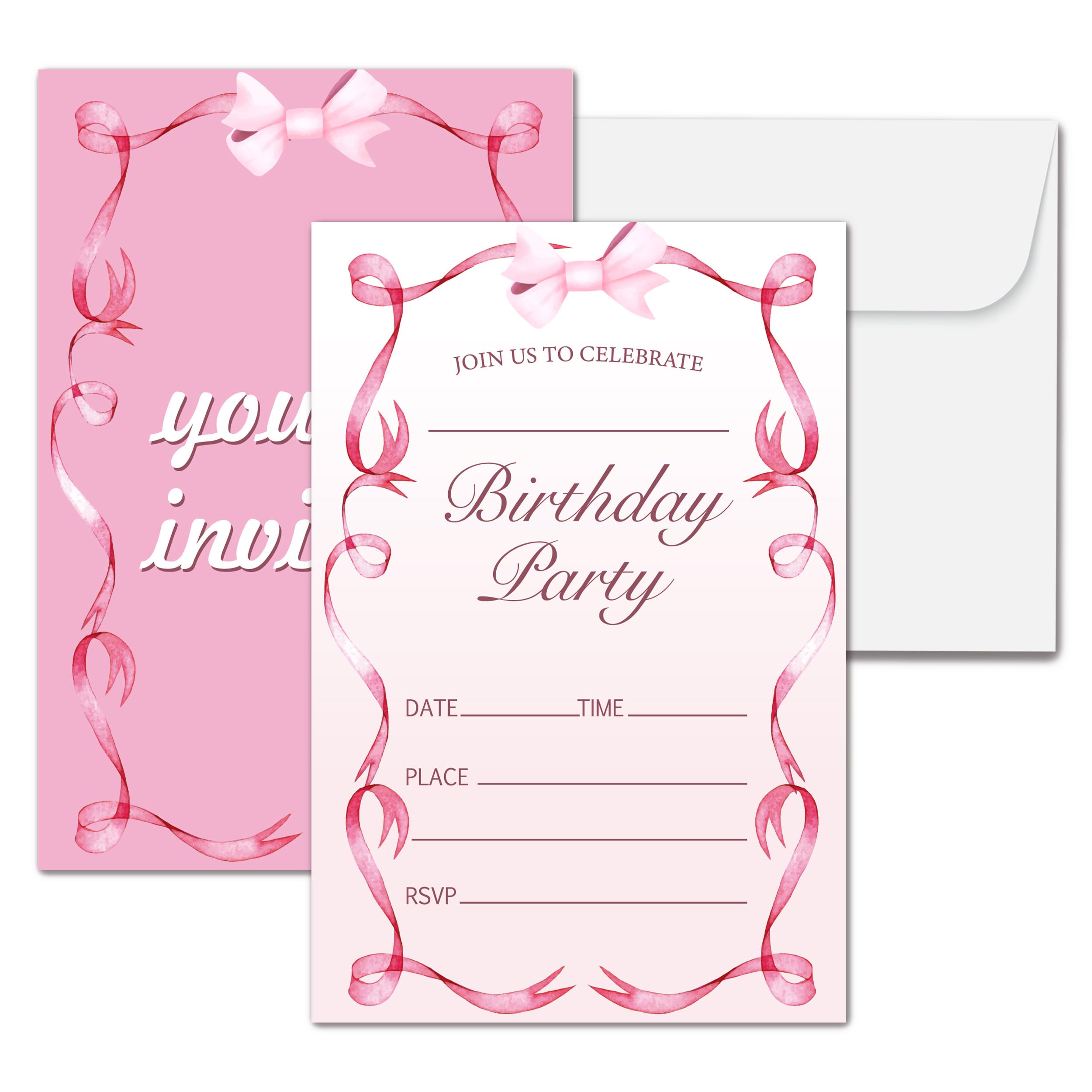 Cartes d'invitation à fête d'anniversaire avec nœud rose pour garçons et filles, cartes d'invitation modernes pour fête d'anniversaire décorations et fournitures, 20 invitations double face à