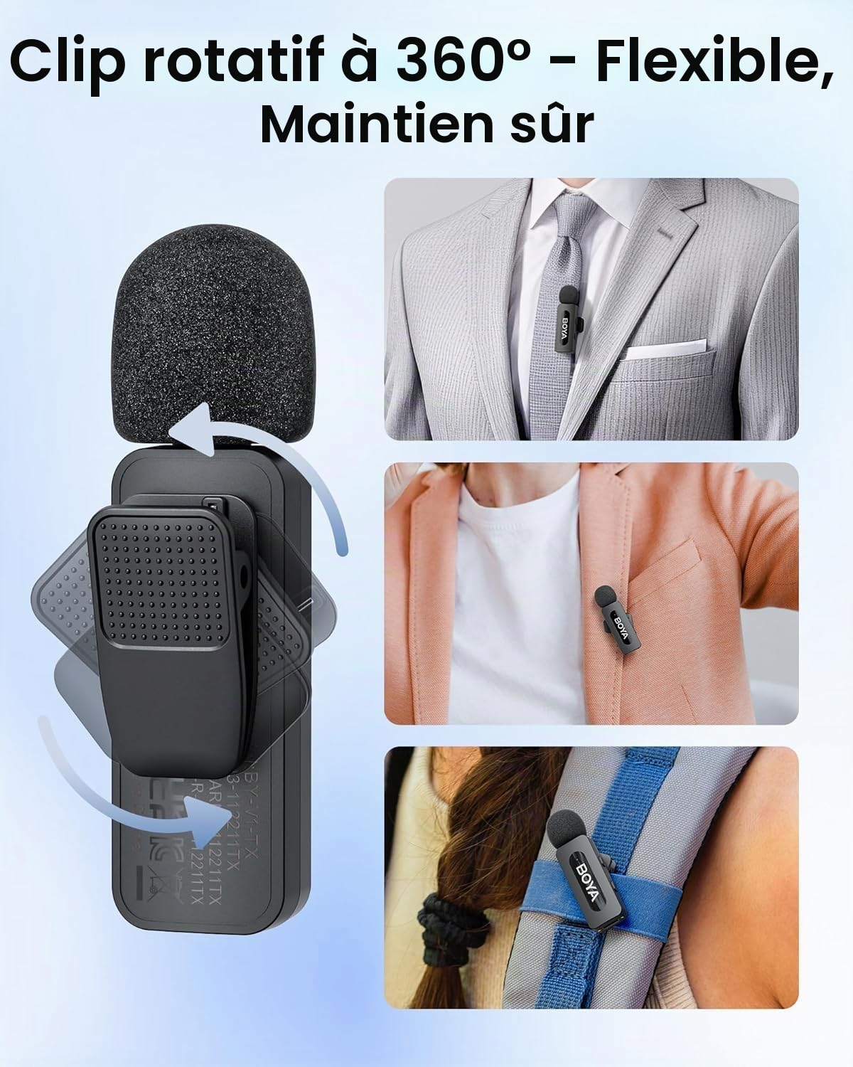 BOYA BY-V30 Micro Cravate sans Fil pour iPhone 15/16, Android, Mini Microphone, 36H D'utilisation, Réduction du Bruit, Micro Cravate USB-C, Mode Silencieux, Microphone sans Fil à Pince 360°