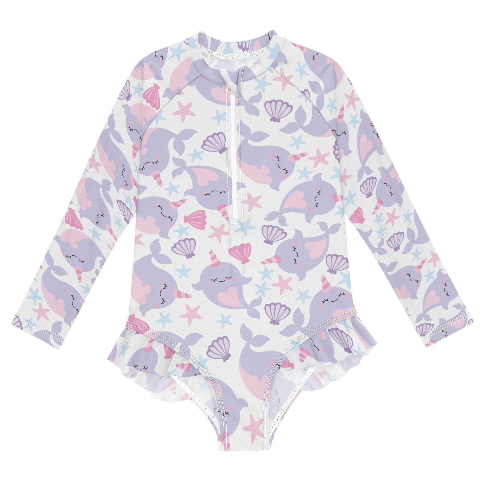 susiyo Cute Narwhal Girls Long Sleeve One Piece Swimsuits Rash Guard Bathing Suit UPF 50+ Zipper Girl Swimwear