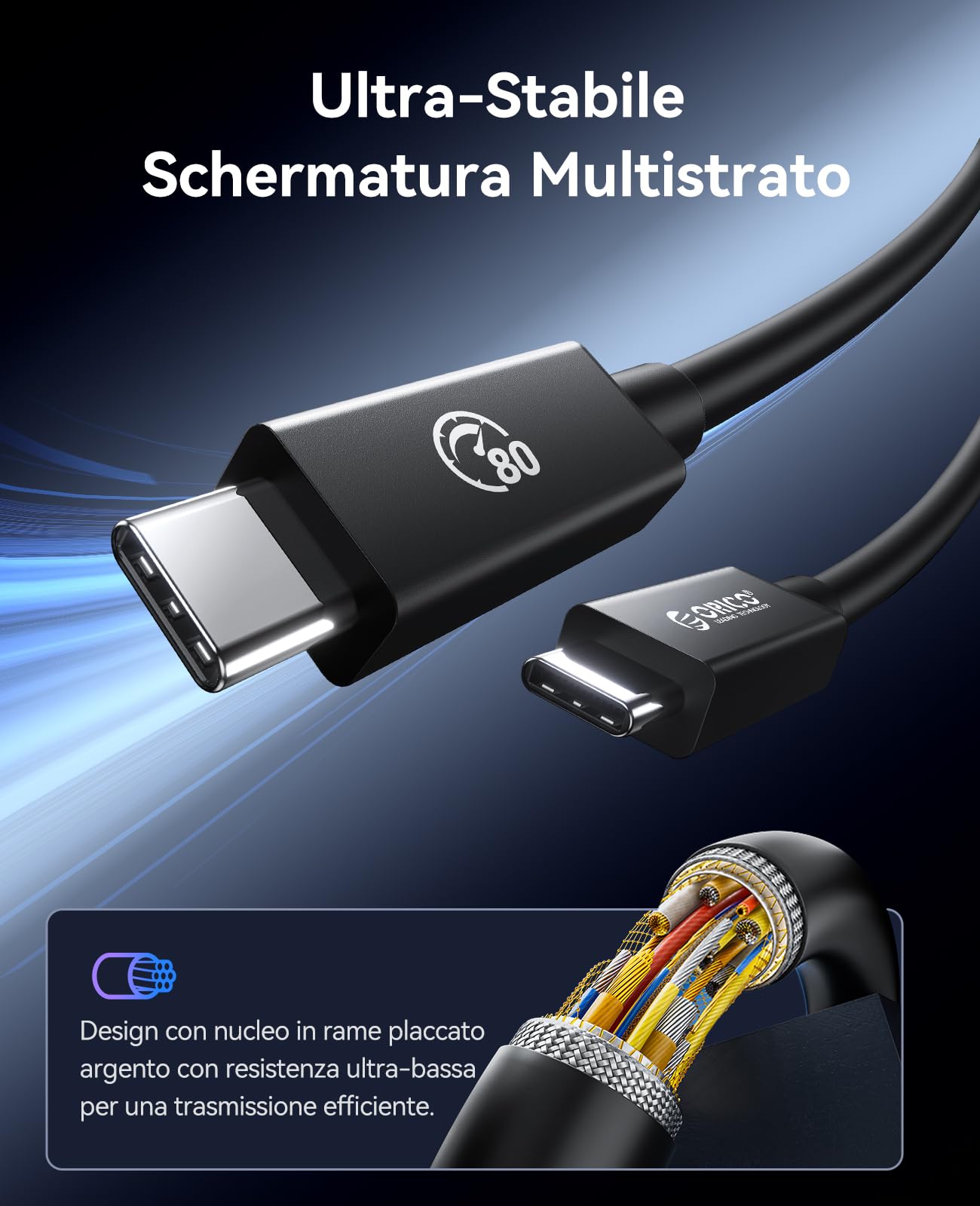 ORICO Cavo Thunderbolt 5, 80Gbps Cavo da USB-C a USB-C, Ricarica 240W, Larghezza di Banda Fino a 120Gbps, Visualizzazione 8K, Compatibile con Thunderbolt 5/4/3, iPhone 16, MacBook