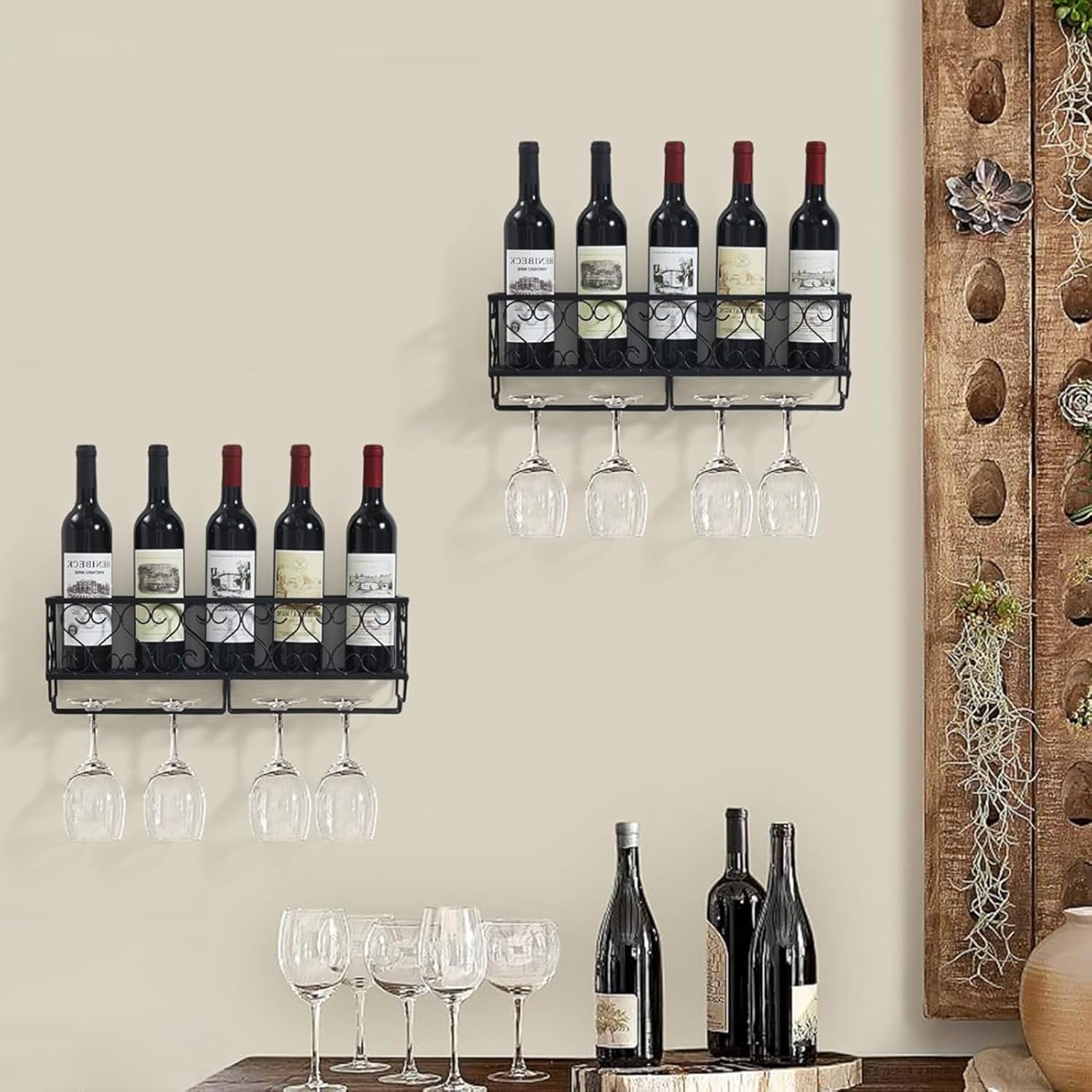 YVYKFZD Wall Mounted Wine Rack, Floating Bar Shelves with Wine Glass Holder, Industrial Metal Liquor Bottle Display Shelf, Simple Wine Storage Display Rack, Space Saving(Black,30x25x17cm)