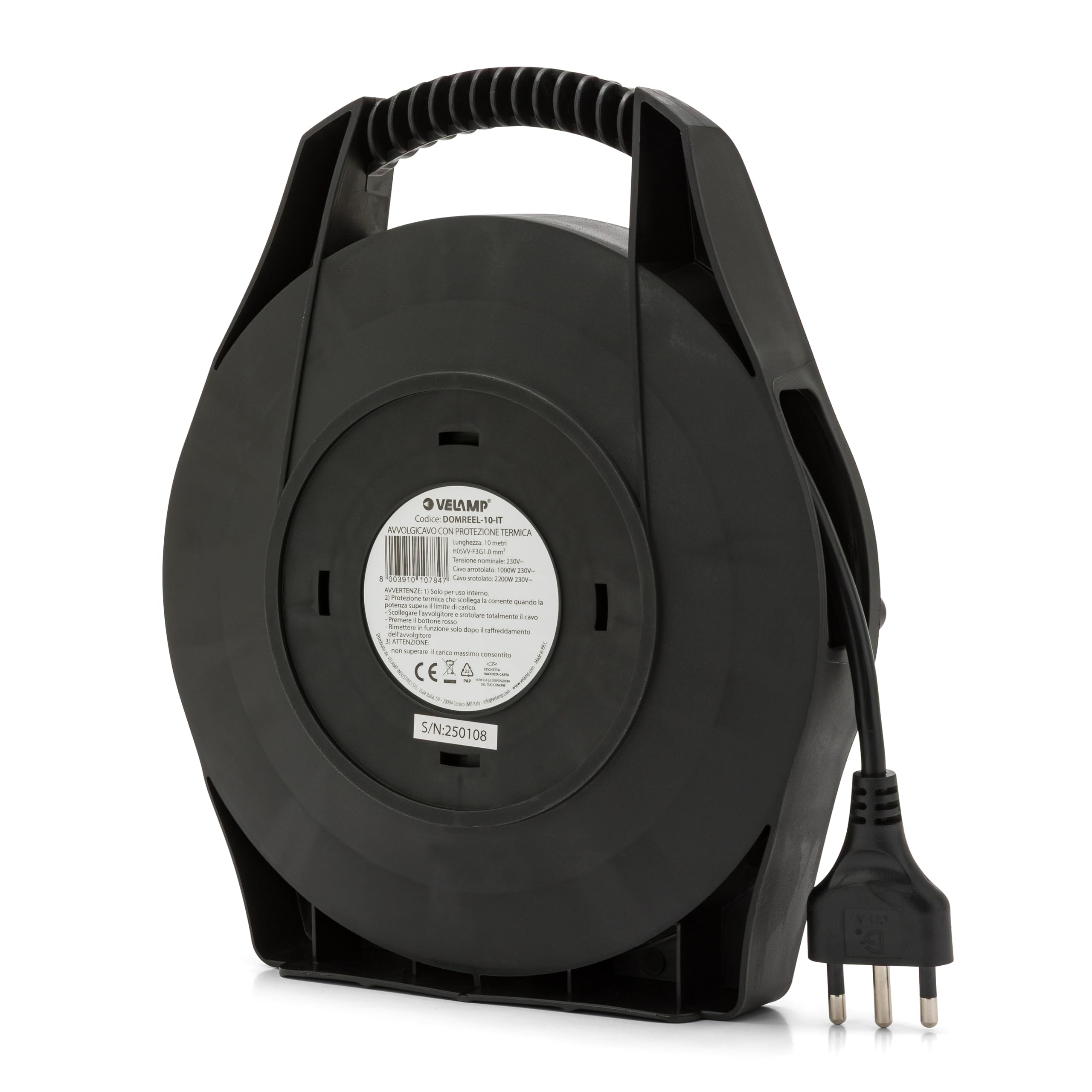 VELAMP - Prolunga Elettrica 10 Metri con Avvolgicavo Elettrico e Presa Multipla (4 Prese Schuko + 10/16A), Spina Grande 16A, Interruttore di Sicurezza – Cavo Elettrico Multipolare 3G Sezione 1,0 mm²