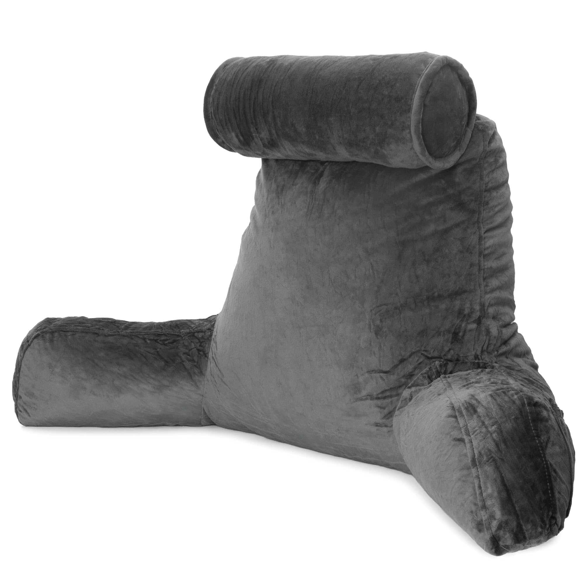 Dreamcatcher Dark Grey Reading Pillow, XL Shredded Memory Foam Backrest Cuddle Cushion with Arms, Detachable Headrest, 3x Pockets & Washable Velvet Cover for Reading, Bed Support & Gaming Cushion